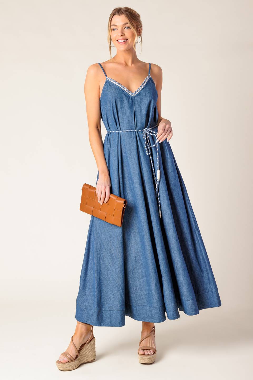 Heartfelt Moment Lace Edge Denim Midi Dress - Elegant & Comfortable Casual Wear for Women, Perfect for Brunch, Date Night & Summer Outings