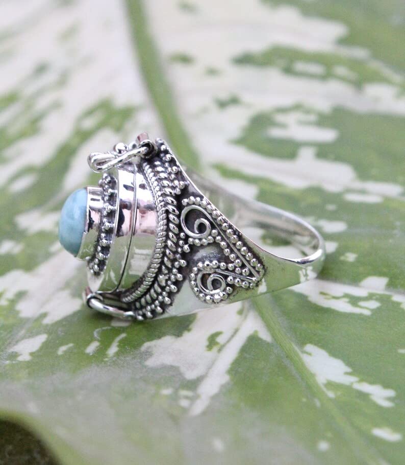 Boho Poison Ring - 925 Sterling Silver Handmade Statement Ring with Dominican Republic Larimar | Vintage Style Pillbox Locket Ring for Women | Perfect for Gothic Fashion, Witchy Aesthetics & Unique Gift Giving