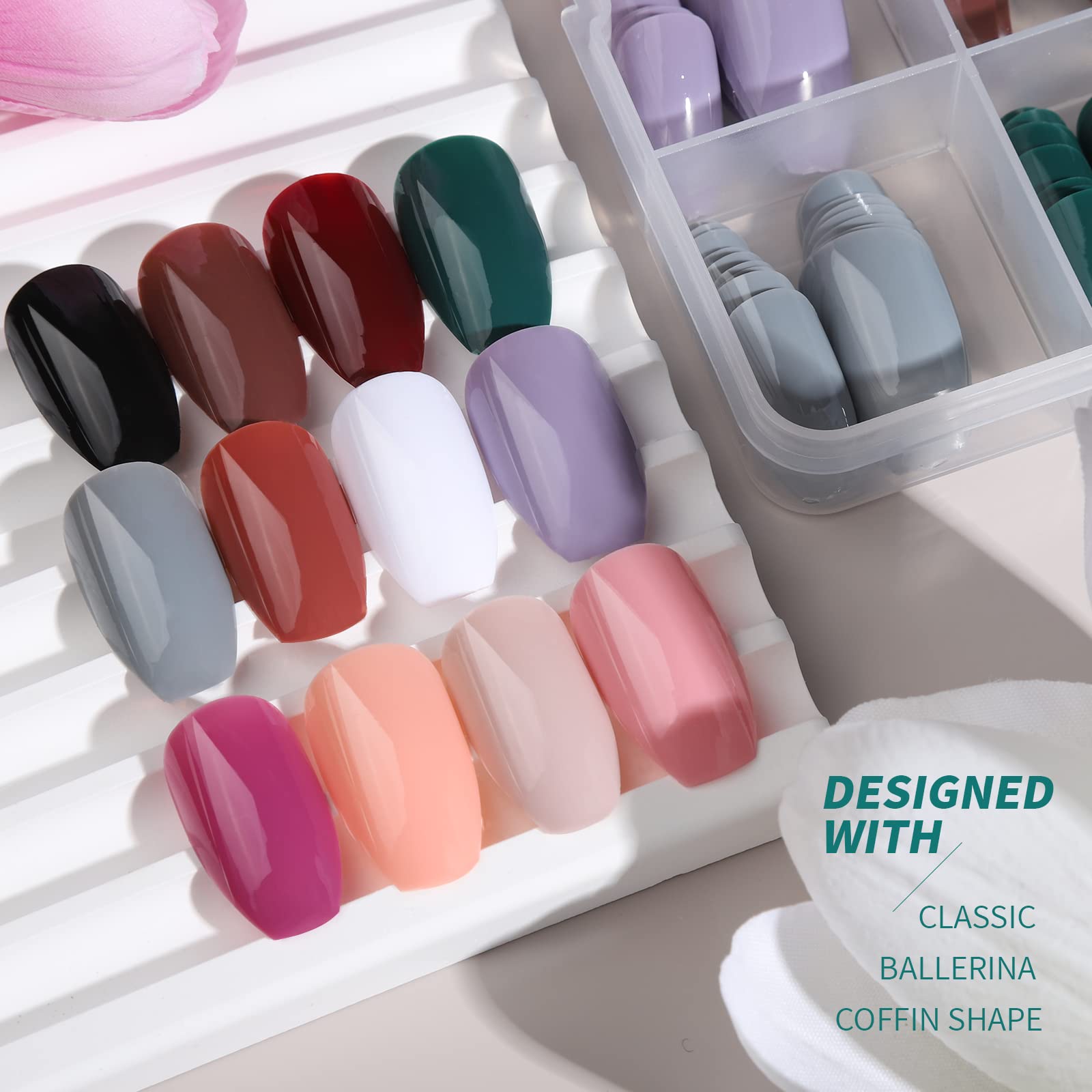 FANDAMEI 288PCS Medium Length Press on Nails Kit - 12 Sets Short Fake Nails, Ballerina & Coffin Shape False Nails with Glossy Solid Colors - DIY Nail Art Kit for Women & Girls (Includes 10g Nail Glue) - Perfect for Parties, Weddings, Date Nights & Everyday Wear