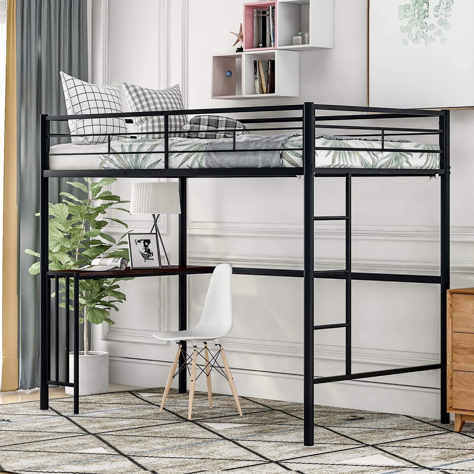 Merax Twin Metal Loft Bed with Study Desk, Ladder & Safety Guardrails - Space-Saving Bunk Bed Frame for Kids & Teens (Black) - Perfect for Small Bedrooms, Dorm Rooms & Studio Apartments