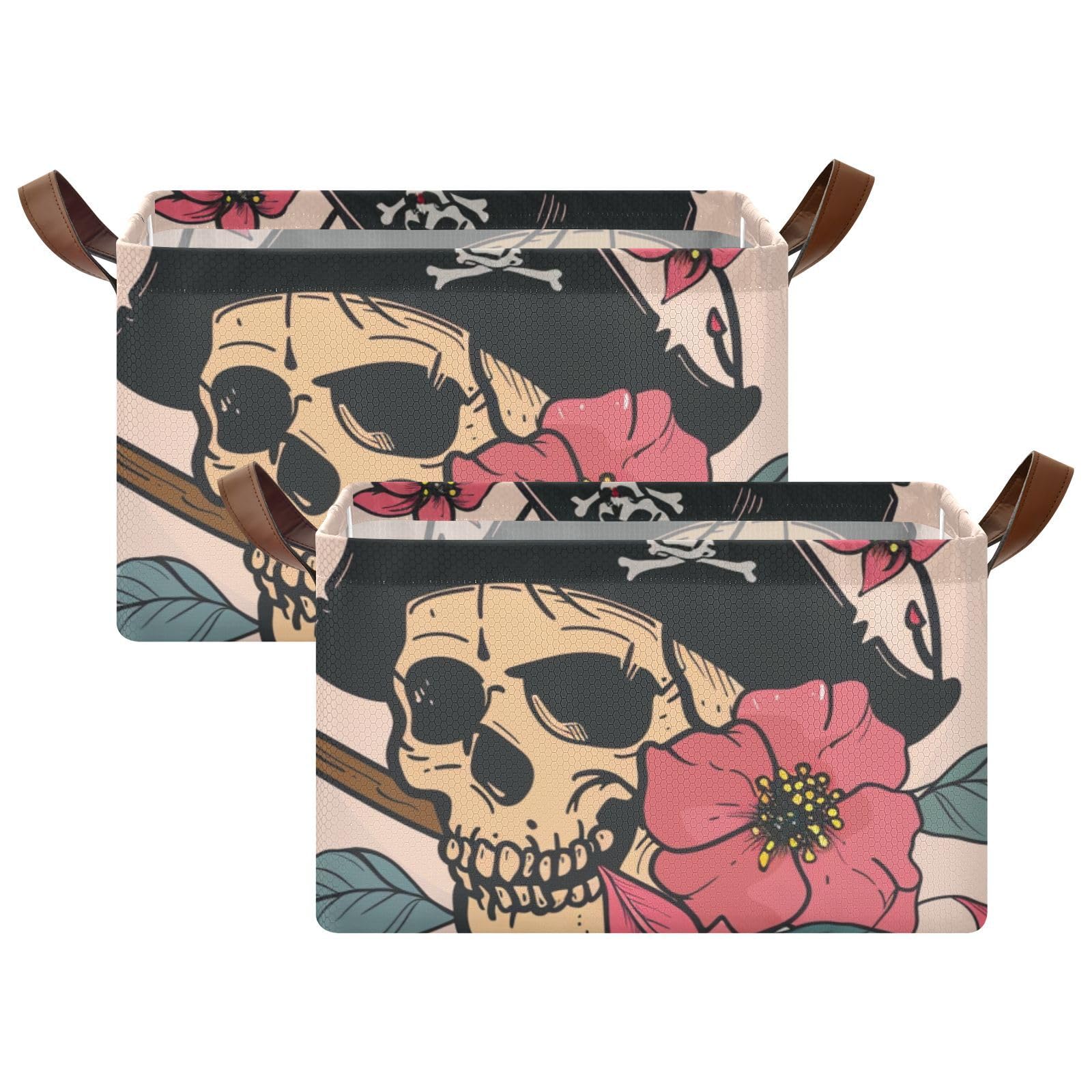 Death Flores Pirate Storage Baskets with Handles - 2 Pack Organizing Cubes for Closet, Shelves & Books | Perfect for Home, Office & Kids Room Organization