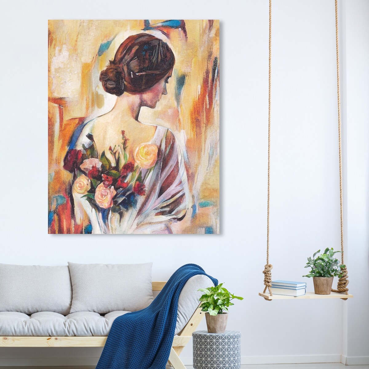 Modern White Canvas Wall Art Print with Back and Flowers - Elegant Female Beauty Floral Decor for Bedroom, Living Room & Home Office