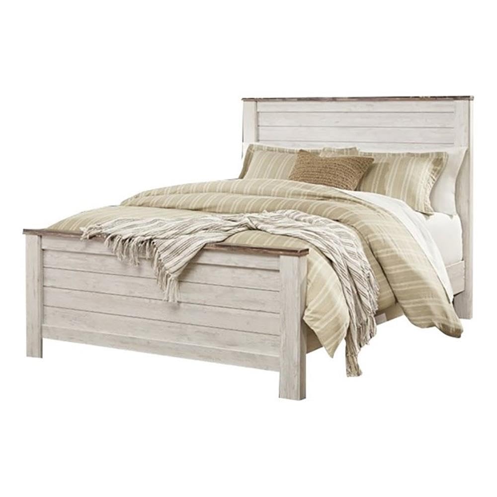BOWERY HILL White Queen Size Wooden Panel Bed with Headboard & Footboard - No Box Spring Required, Easy Assembly for Bedroom, Guest Room, or Dorm