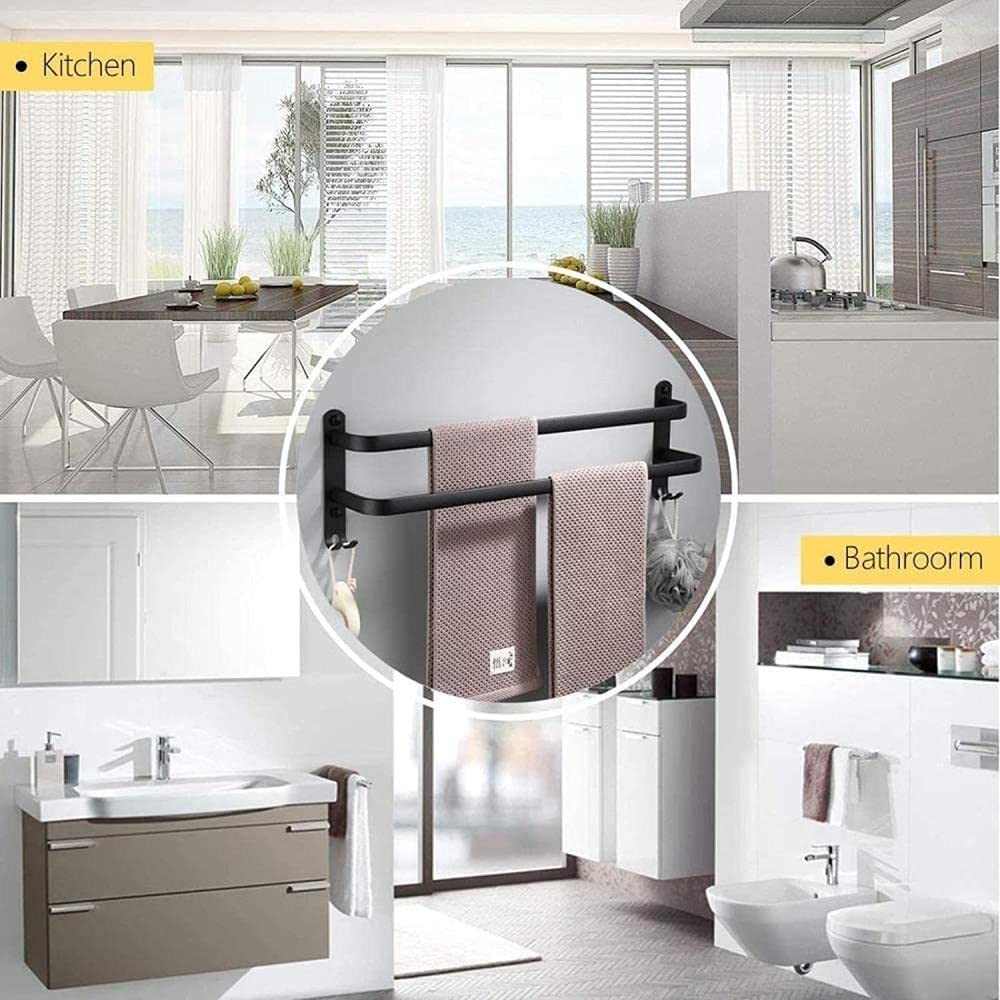 2-Tier Wall Mounted 50CM Aluminum Bathroom Towel Rack with Hooks - Space Saving Storage for Bath Towels, Robes & Accessories - Perfect for Small Bathrooms, Showers & Laundry Rooms
