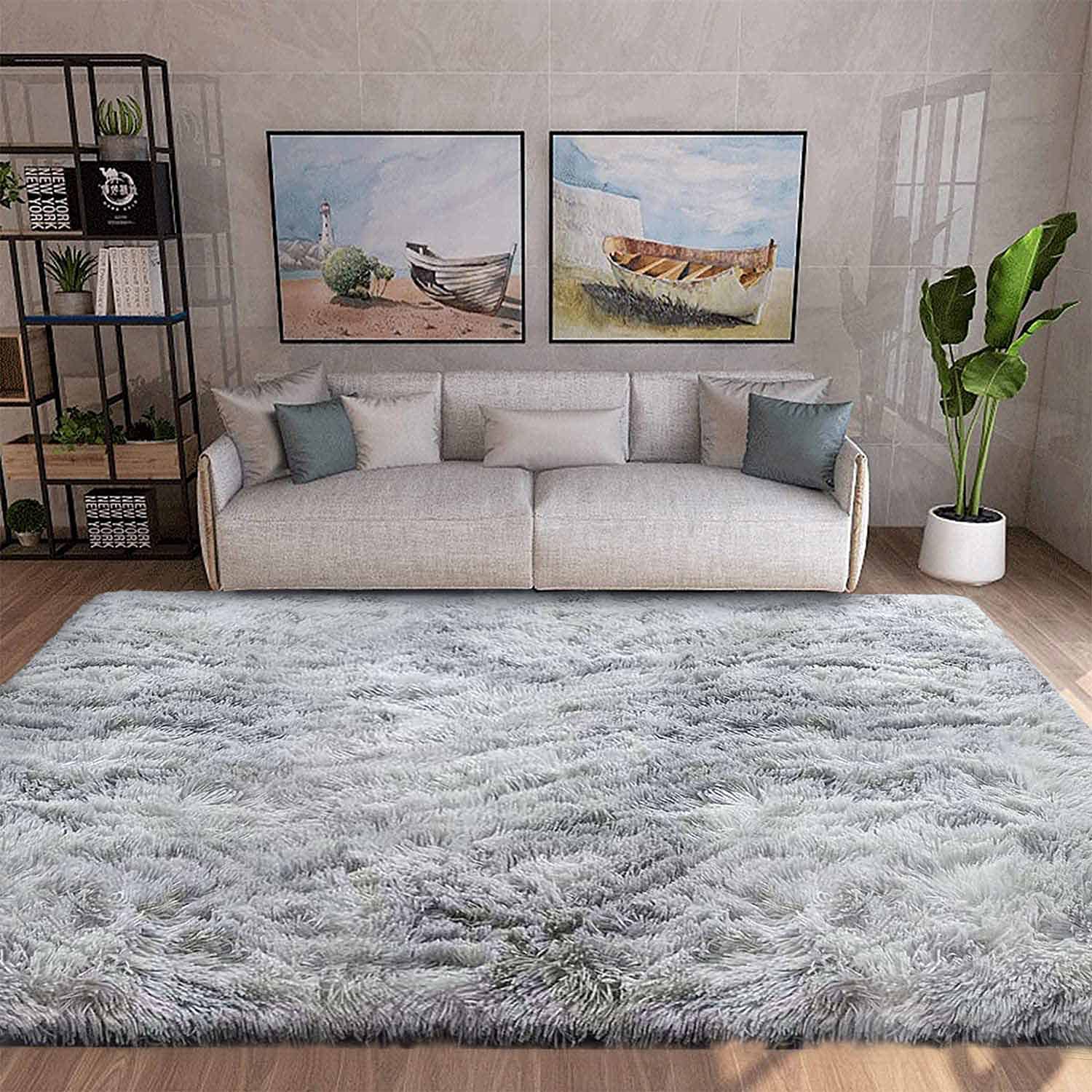 Kinganda Soft Shaggy Area Rugs - Non-Slip Fluffy Large Washable Carpet for Bedroom, Living Room, Nursery & Kids Room (Grey White, 6.5'×8.2'/200×250 cm) - Cozy Home Decor, Perfect for Floor Protection & Comfortable Play Area