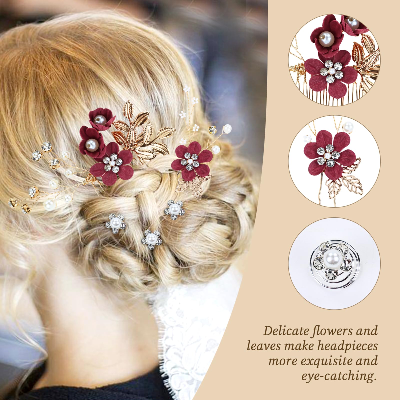 18-Piece Cinaci Bridal Hair Accessories Set - Pearl Rhinestone Burgundy Flower Hair Combs, U-Pins & Spiral Hairpins for Weddings, Prom & Special Occasions | Perfect for Brides, Bridesmaids & Women