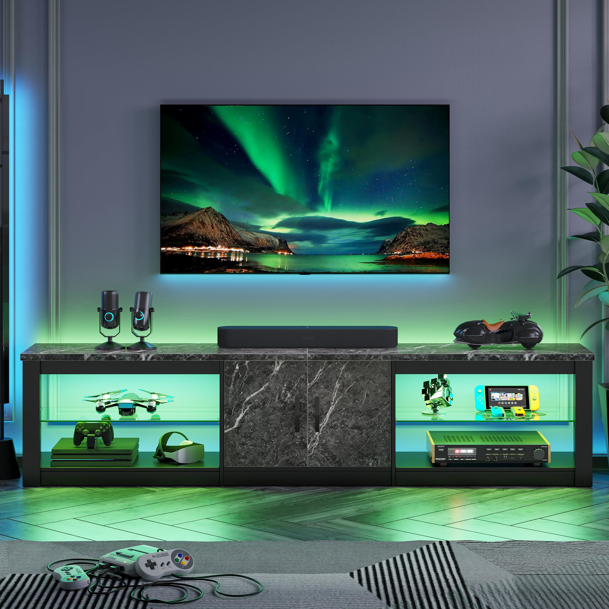 Bestier 80 Inch TV Stand for 75-86 Inch TVs with Storage Cabinet & Adjustable Glass Shelves - Modern Entertainment Center for Living Room & Bedroom - Compatible with PS5, Gaming Consoles & LED TVs - Black Marble Finish for Stylish Home Decor