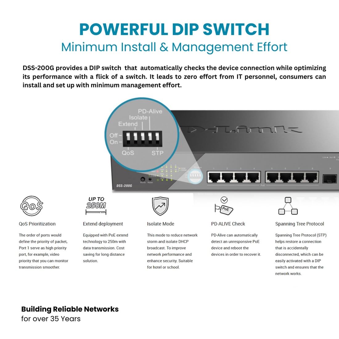 D-Link DSS-200G-10MP 10-Port Gigabit PoE+ Switch - 8 PoE Ports (130W), 2 SFP Ports, Smart-Managed for Office Network & IP Camera Systems