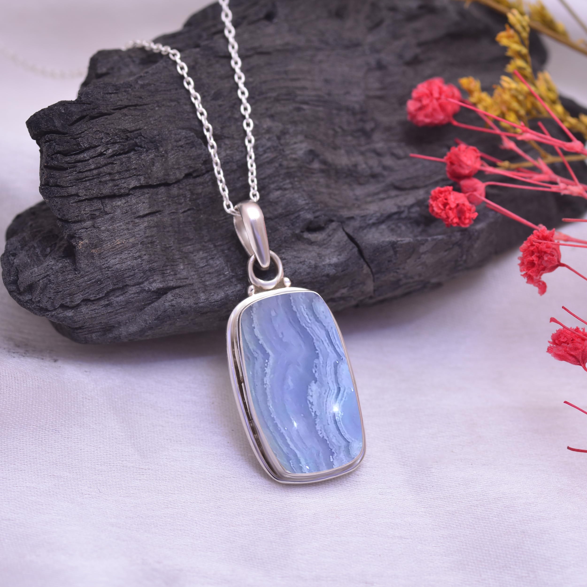 Veracity Jewelry Blue Lace Agate Pendant Necklace for Women - 925 Sterling Silver 18