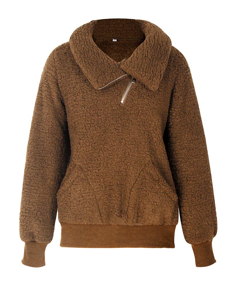 Women's Casual Turtleneck Fuzzy Fleece Sweatshirt - Long Sleeve Oblique Zipper Pullover Loose Sweater Tops Blouse with Pockets - Perfect for Winter Layering & Cozy Lounging