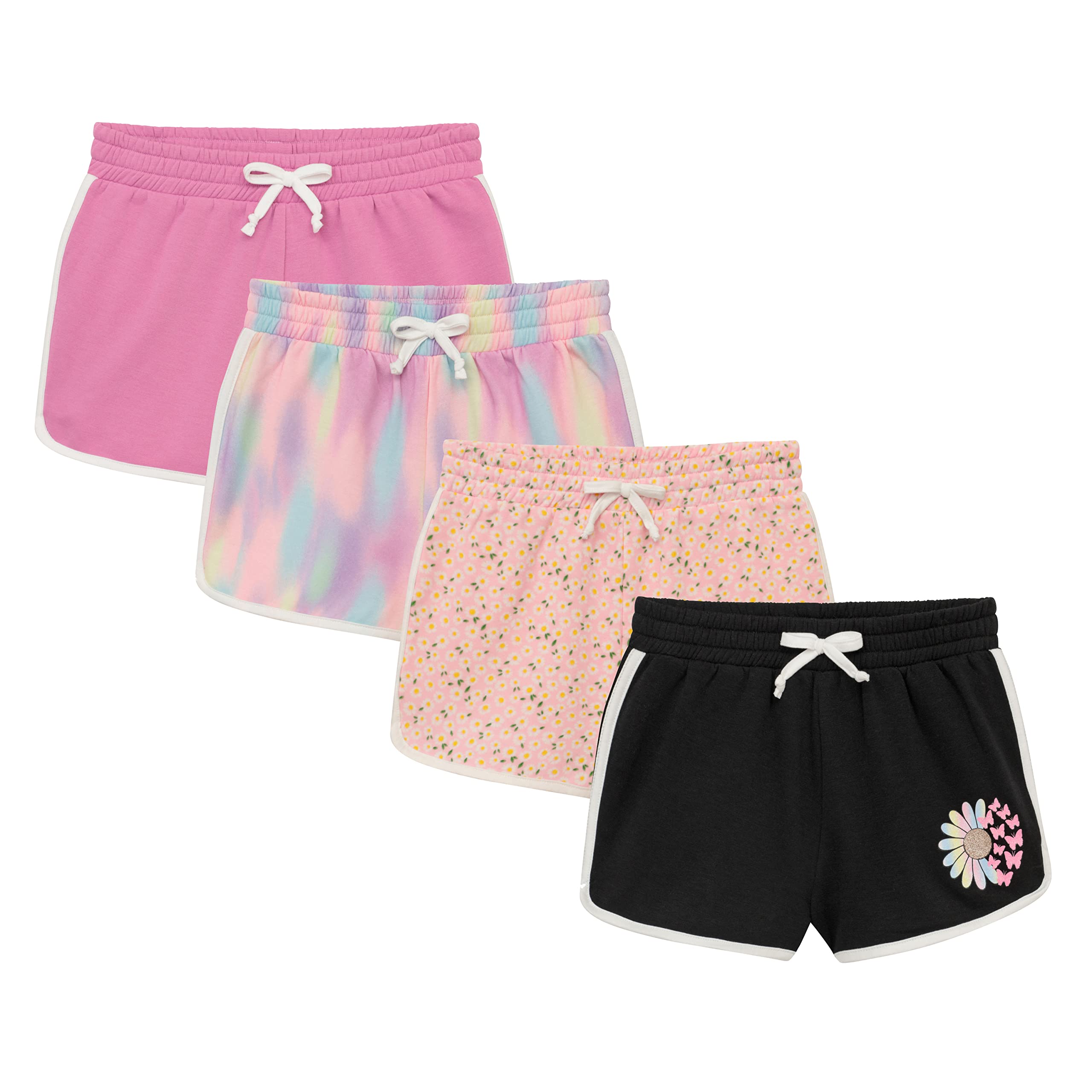 BTween Girls 4-Piece Active Performance Dolphin Shorts with Faux Drawstring - Breathable Sports Running Shorts for Kids - Perfect for Gym, Playground & Summer Outdoor Activities