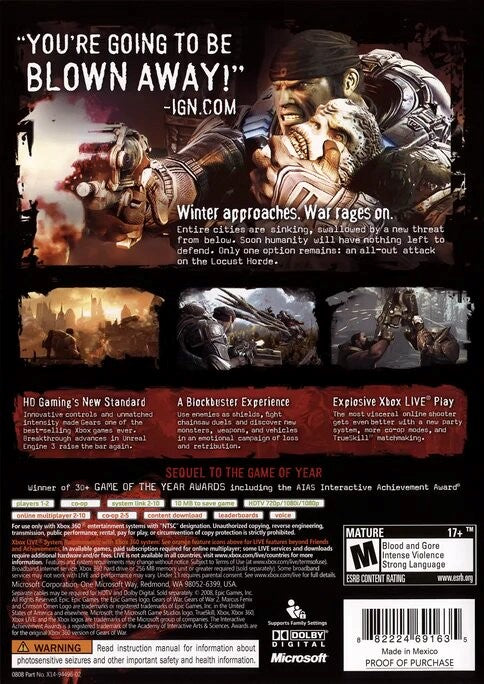 Used Gears of War 2 Xbox 360 Video Game - Action Shooter for Xbox 360 Console | Perfect for Multiplayer Battles & Collector's Item
