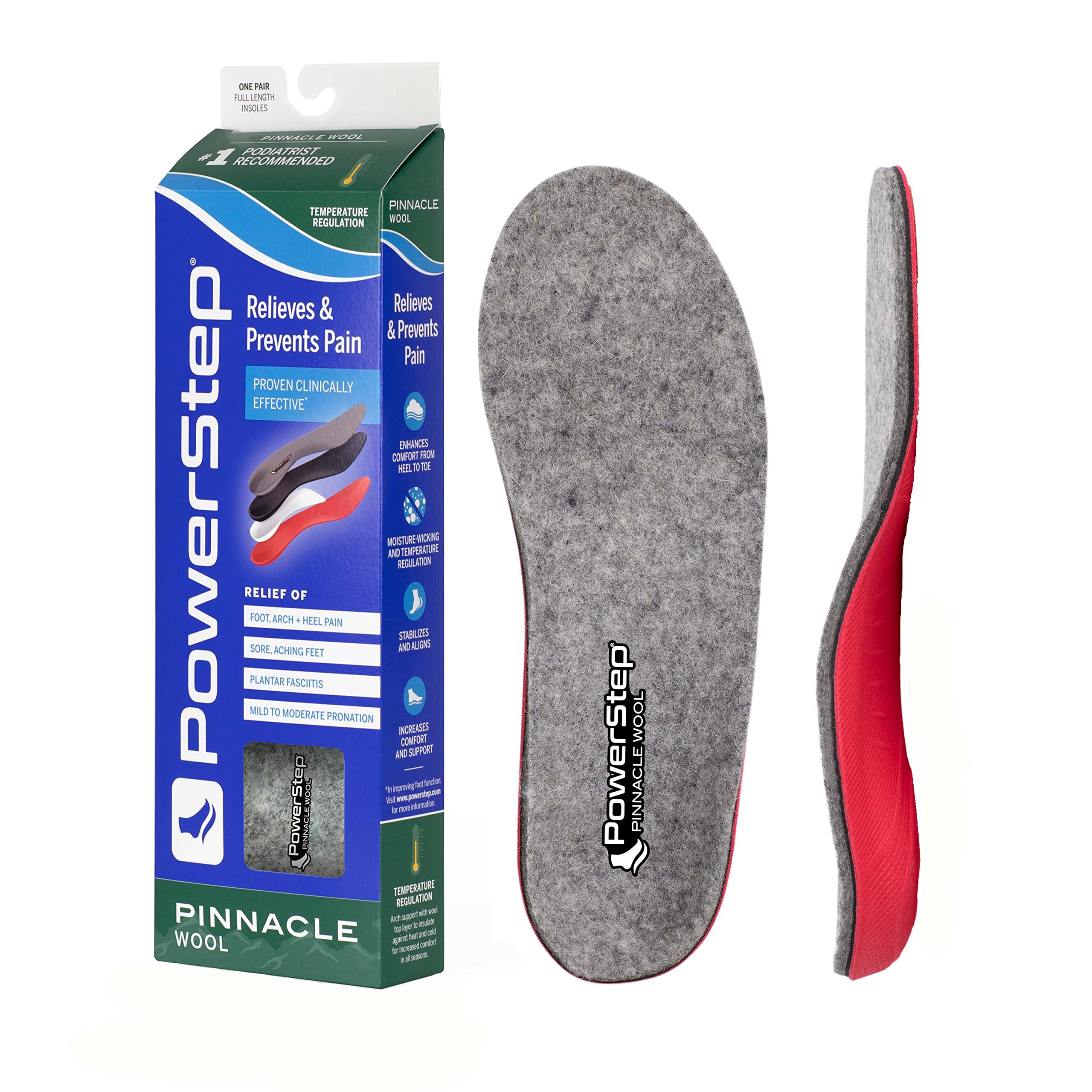 Powerstep Insoles - Pinnacle Wool Arch Support Orthotic Insoles for Men & Women | Warm & Comfortable Foot Support for Hiking, Running & Outdoor Activities