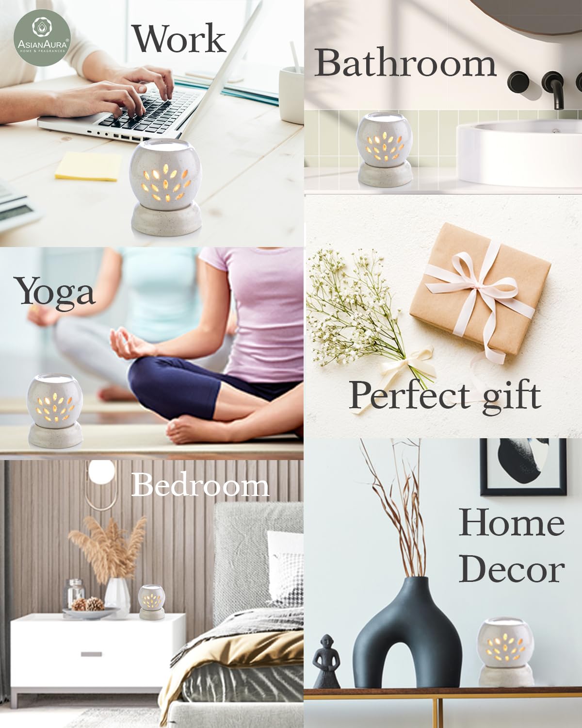 Asian Aura Handcrafted Ceramic Electric Aroma Diffuser - Round Essential Oil Diffuser for Aromatherapy, Home Decor & Fragrance with 10ml Lavender & Rose Scented Oils | Perfect for Bedroom, Yoga Studio & Spa Relaxation