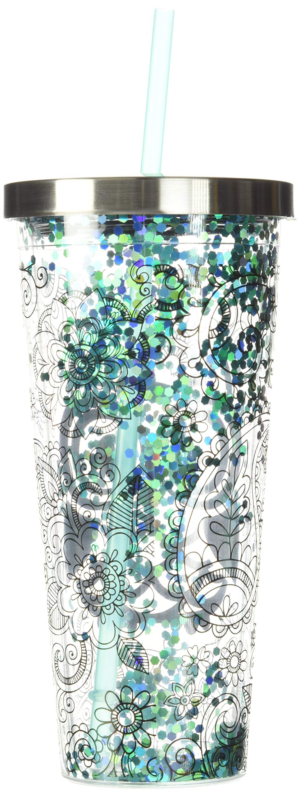 Spoontiques 20 oz Glitter Filled Acrylic Tumbler with Straw - Double Wall Insulated Stainless Steel Locking Lid - BPA Free Blue Owl Design - Perfect for Office, Gym & Outdoor Activities
