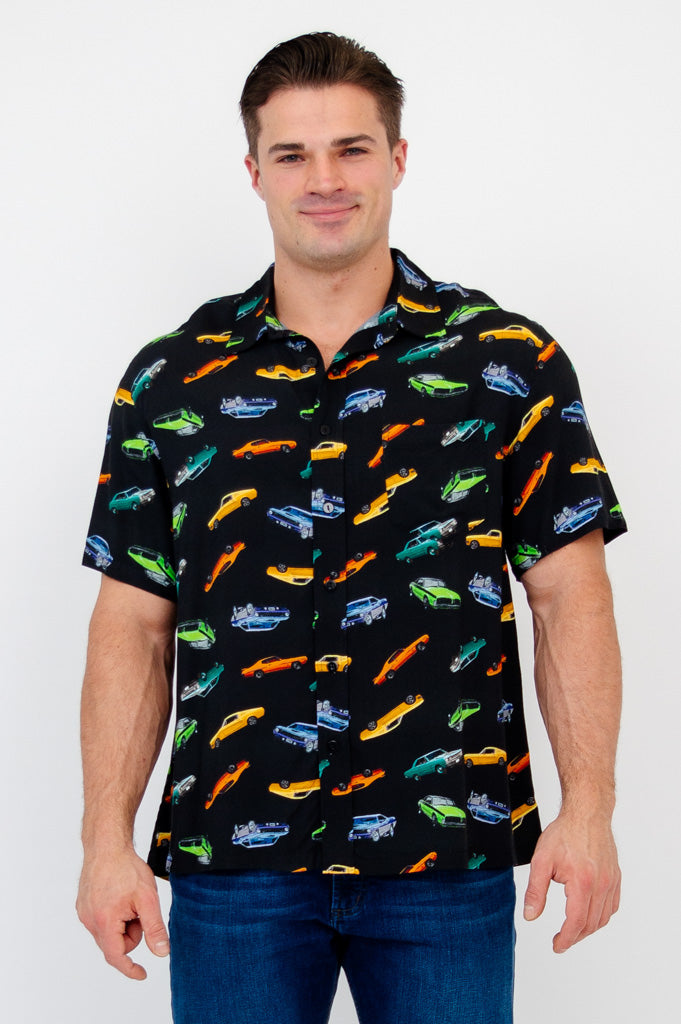 Dinosaur Print T-Shirt with Vintage Muscle Cars Design - Soft Woven Bamboo Fabric for Men & Women - Perfect for Casual Wear, Street Style, and Car Enthusiasts