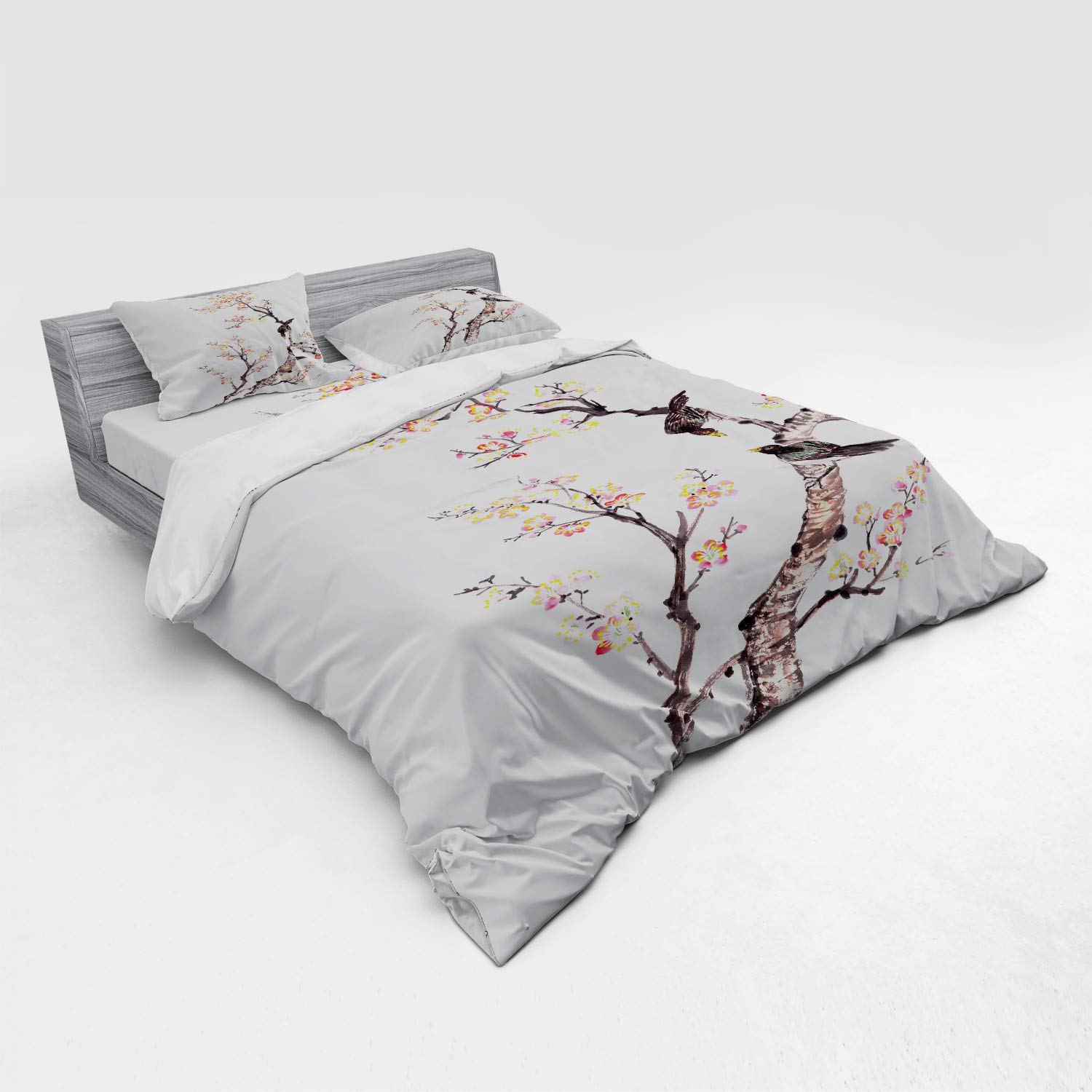 Ambesonne Traditional Chinese Plum Blossom & Birds Art Duvet Cover Set - 4 Piece King Size Bedding with Shams & Fitted Sheet in Pale Yellow Brown - Perfect for Asian-Themed Bedrooms & Cultural Home Decor
