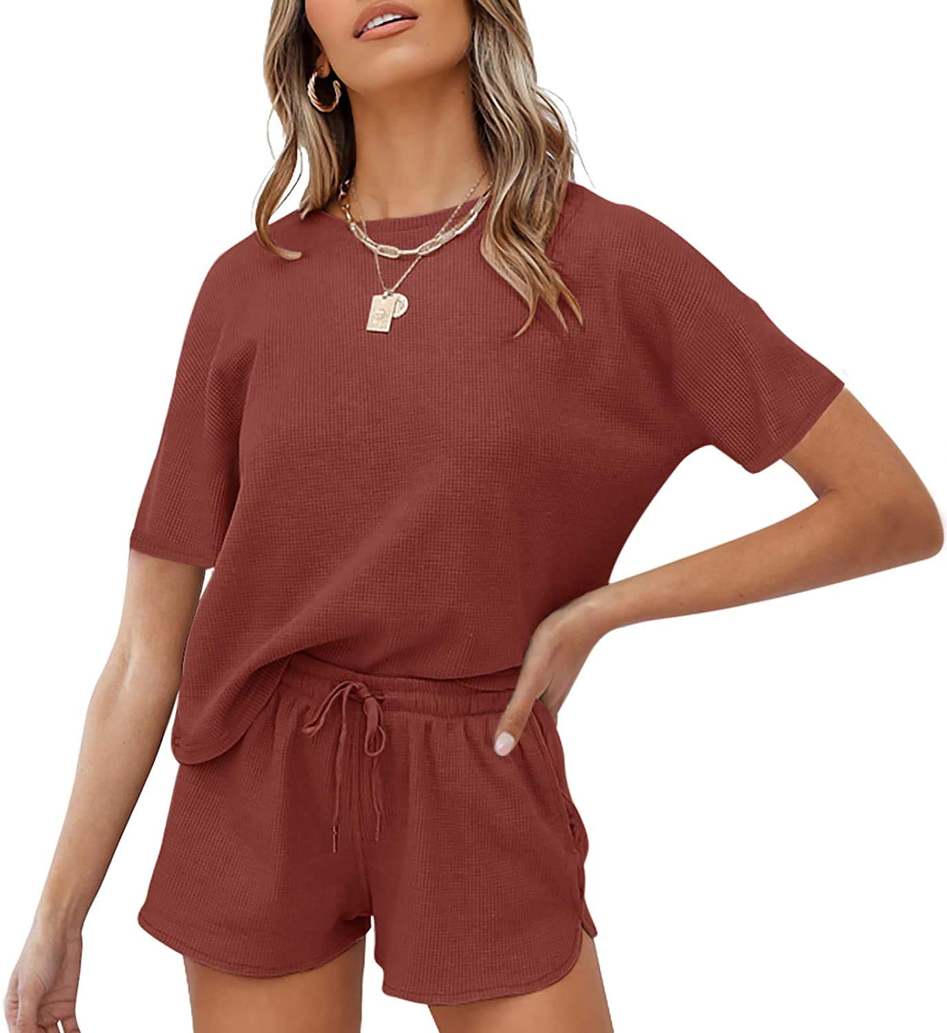 MEROKEETY Women's Short Sleeve Waffle Pajama Set - Soft Lounge Top & Comfy Shorts 2-Piece Sleepwear Outfit for Nightwear, Loungewear & Home Relaxation