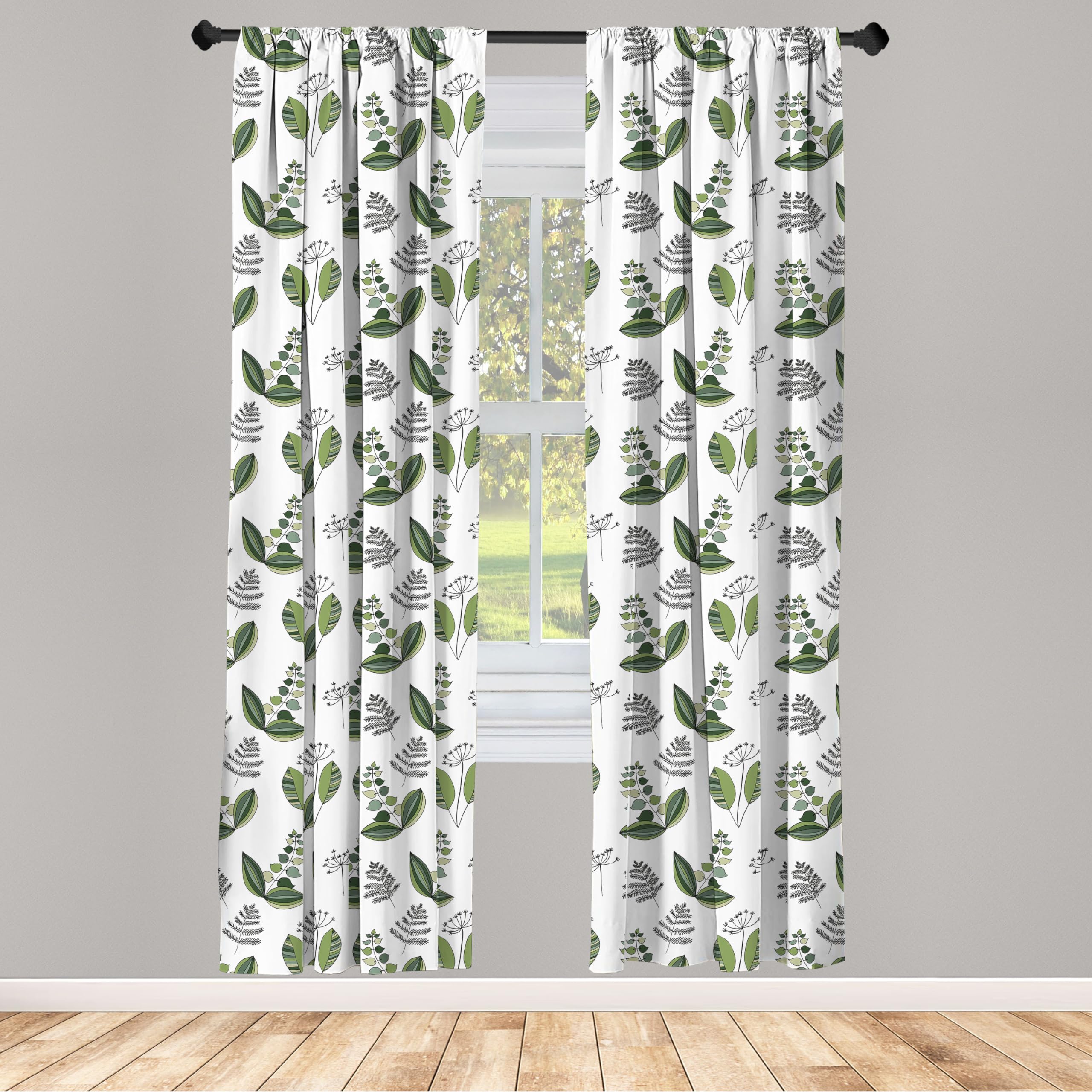 Ambesonne Scandinavian Window Curtains - Lightweight Olive Green & White Floral 2-Panel Set with Rod Pocket, 28