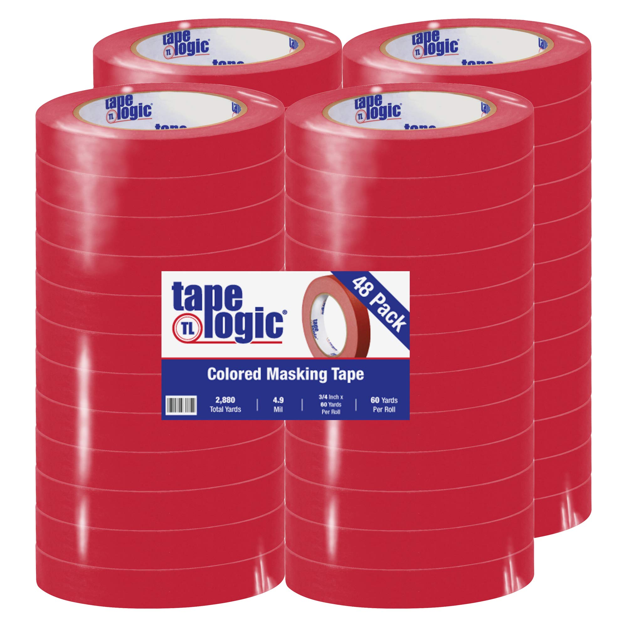 Tape Logic 48 Pack Colored Masking Tape - 3/4 Inch x 60 Yards, Red - Multipurpose DIY, Arts & Crafts, Office & Home Labeling - Perfect for Painting Projects, Gift Wrapping & Organizing