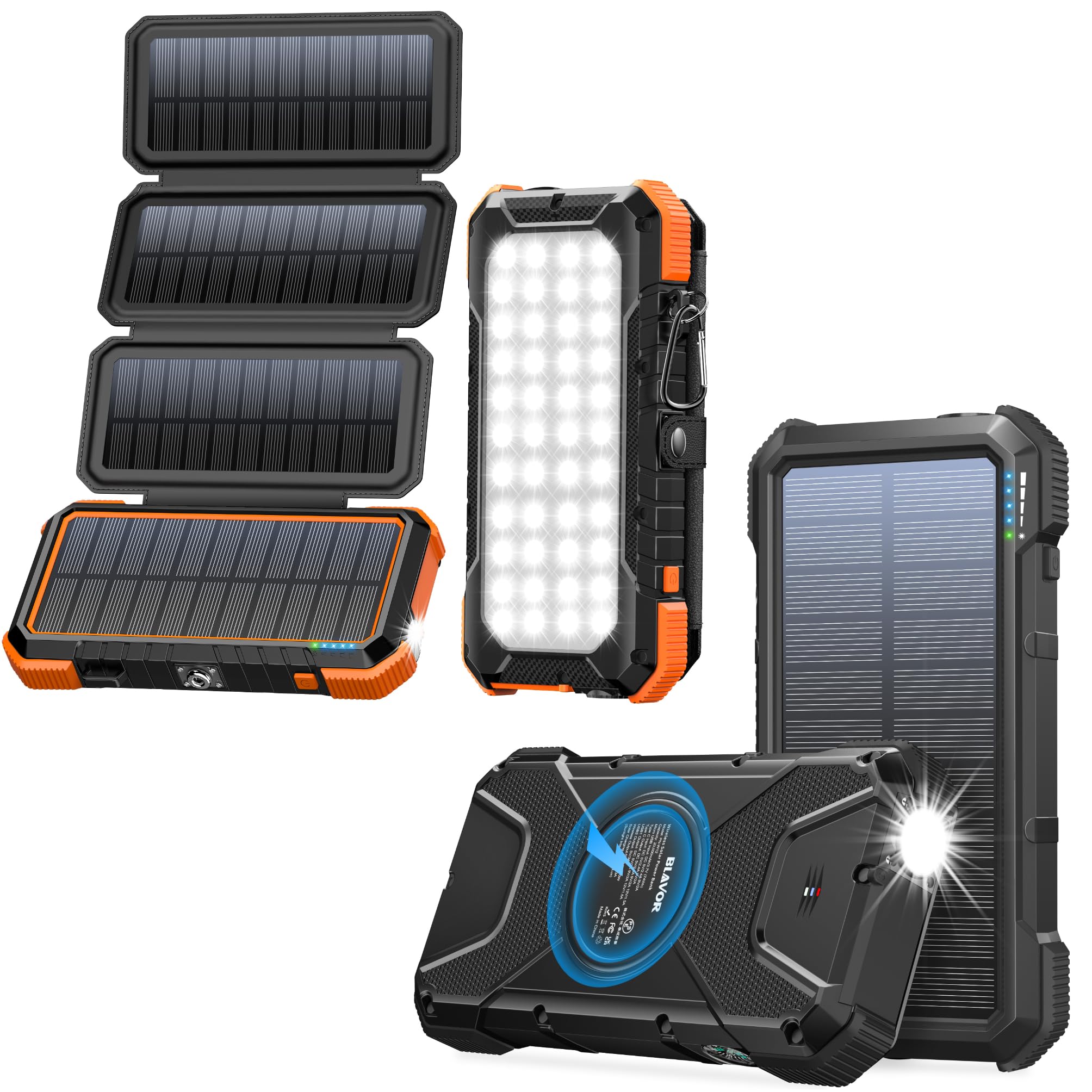 20,000mAh Solar Power Bank with Fast Charging & Foldable Solar Panel - Portable Solar Charger for Phones, Tablets, Camping, Hiking, Emergency Power Outage (Black/Orange)