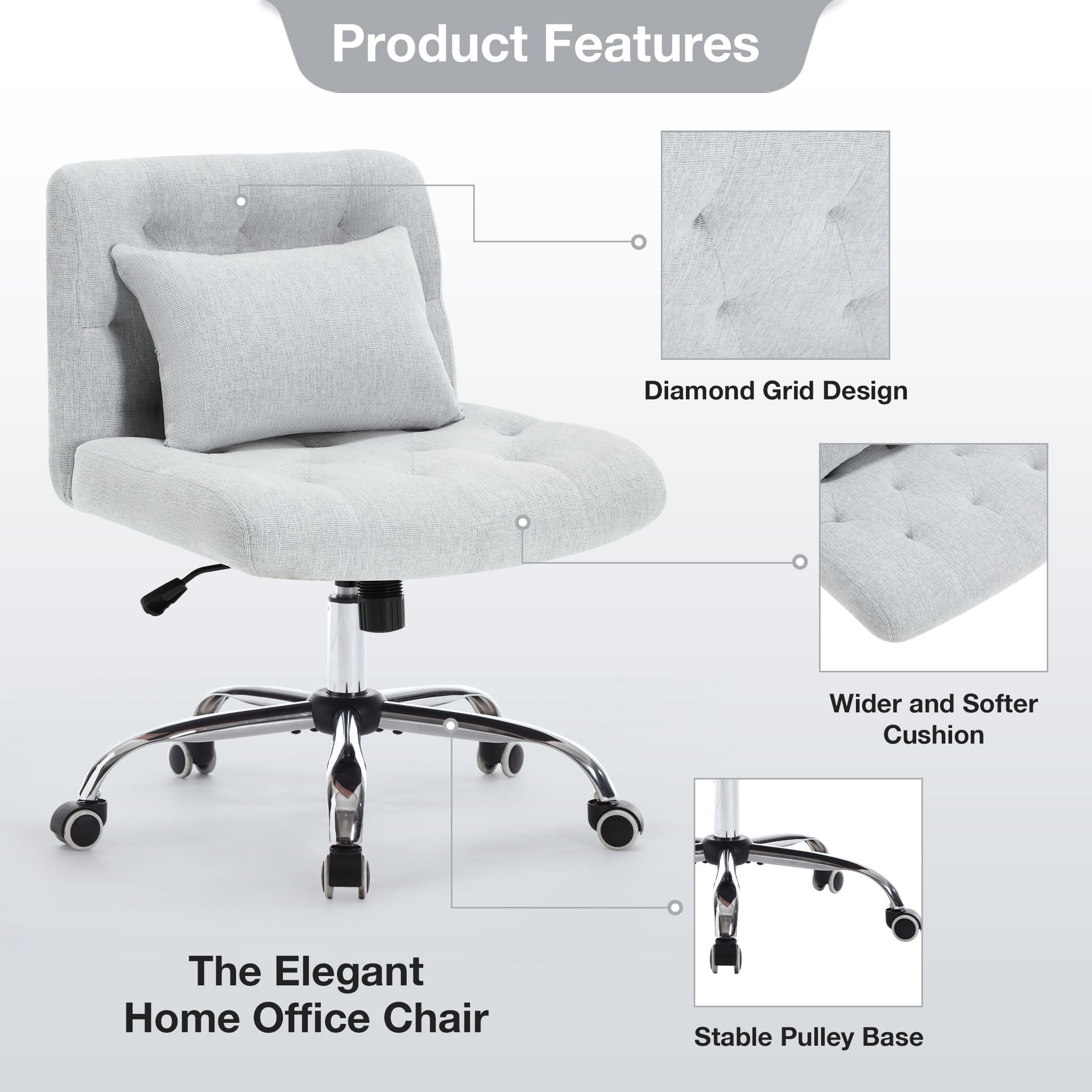 Armless Fabric Office Desk Chair with Wheels - Cross Legged Wide Seat Ergonomic Computer Task Chair for Small Spaces - Modern Home Office Chair with Lumbar Support - Perfect for Women's Vanity, Gaming, and Compact Workspaces