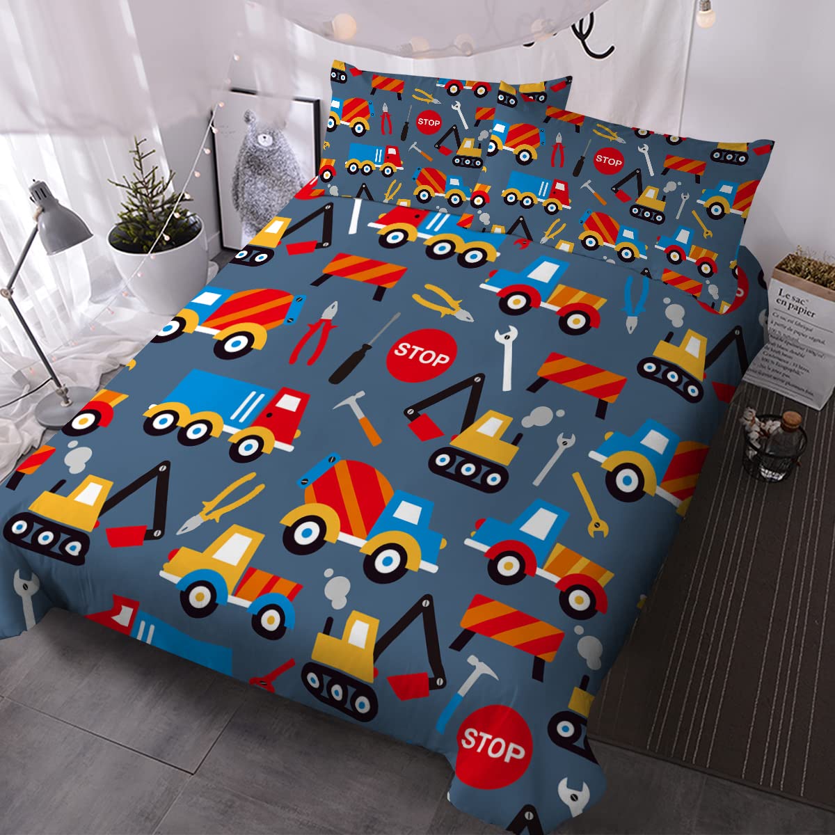 **BlessLiving Crane Construction Truck Bedding Set – Cute Boys Twin Duvet Cover with Grey Colorful Toy Vehicles – 3-Piece Kids Room Comforter Set for Teens – Perfect for Boys' Bedrooms, Playrooms & Themed Decor**