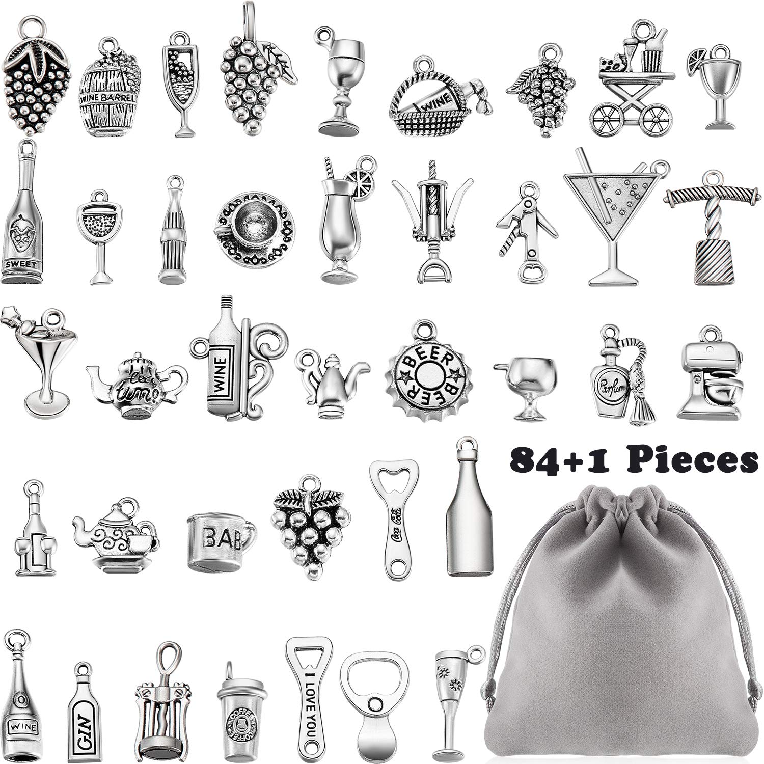 85-Piece Wine-Themed Charms Set for Jewelry Making - Glass Charms, Bracelet & Necklace Pendants - Includes Storage Bag - Perfect for DIY Crafts, Wine Parties & Gifts