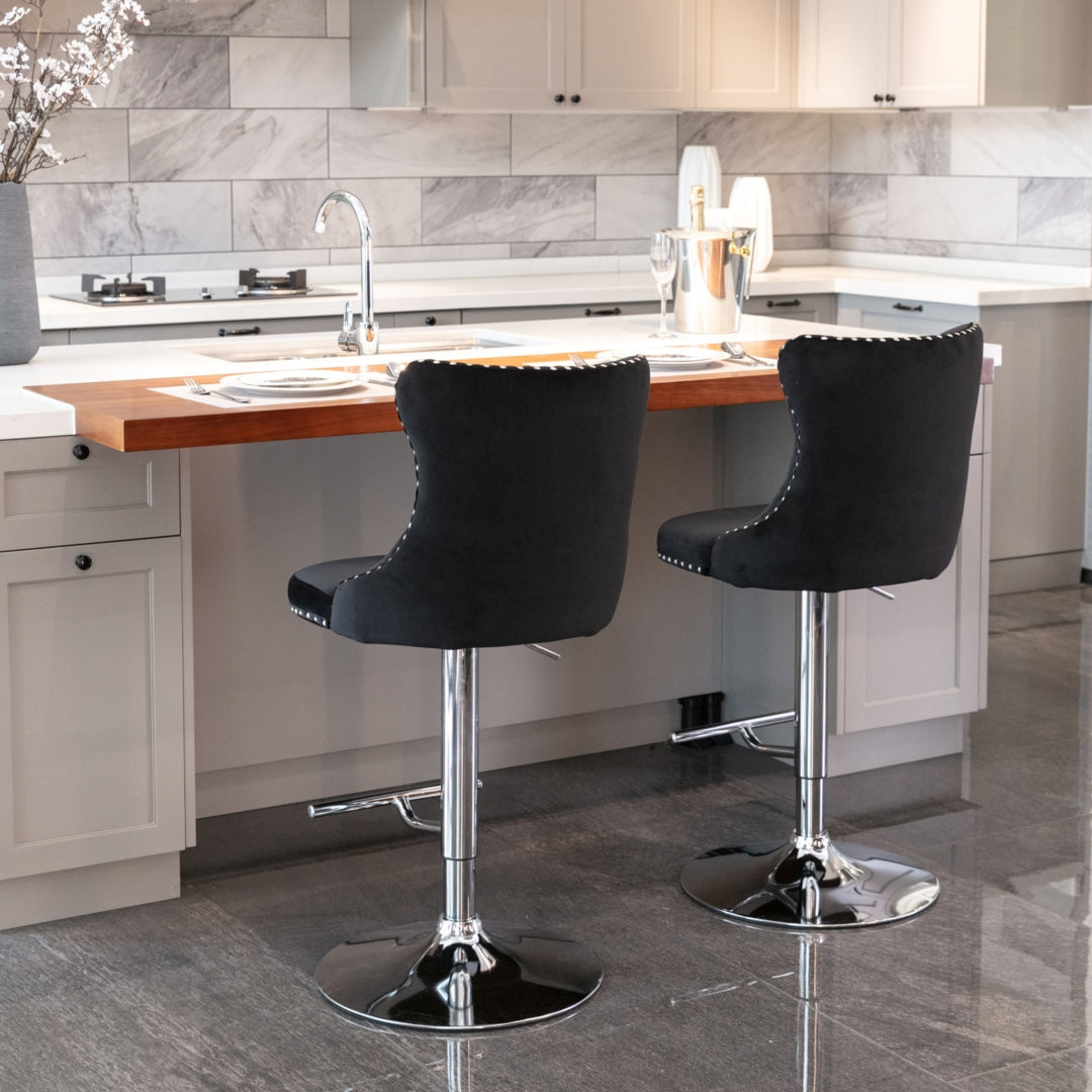 Adjustable Height Swivel Bar Stool with Footrest - Velvet Upholstery & Chrome Base - Modern Kitchen Island & Home Bar Stool - Black