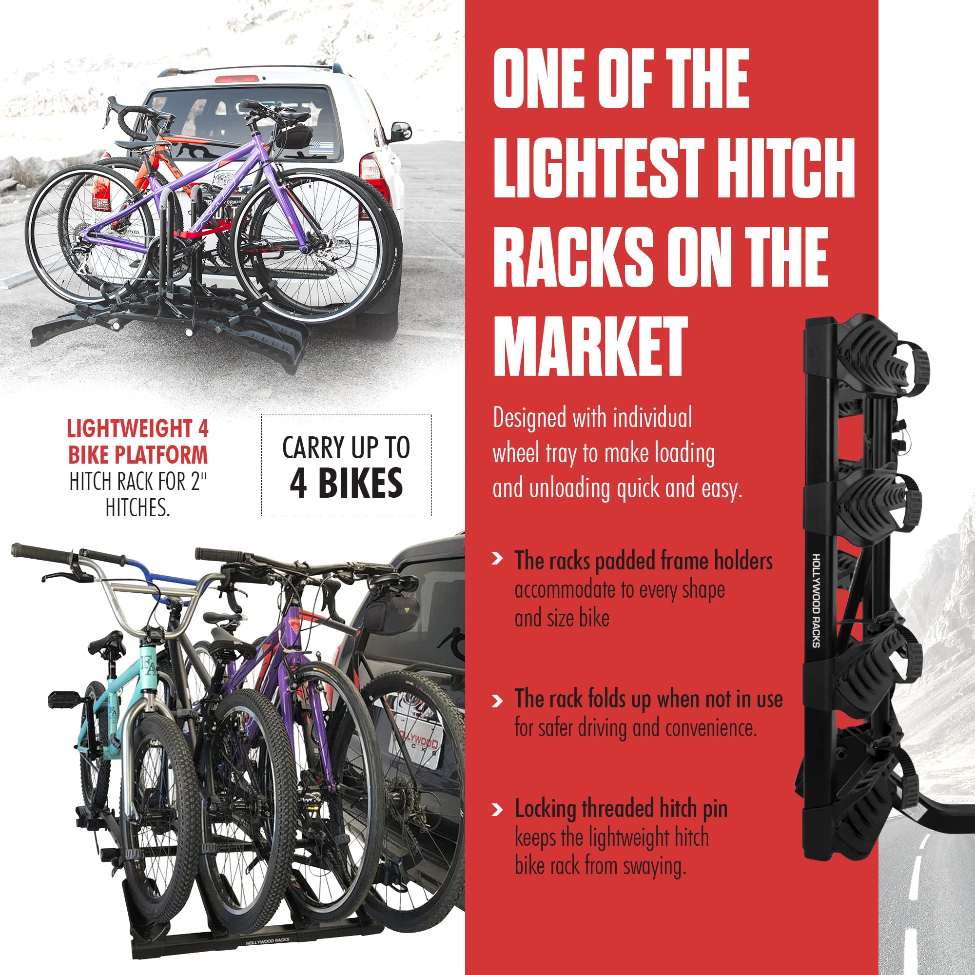 Hollywood Racks Destination 4 Hitch Bike Rack - Lightweight Black Platform Style for Cars - Securely Carries 4 Bikes - Fits Most Bicycle Styles & Sizes - Perfect for Road Trips, Camping & Outdoor Adventures