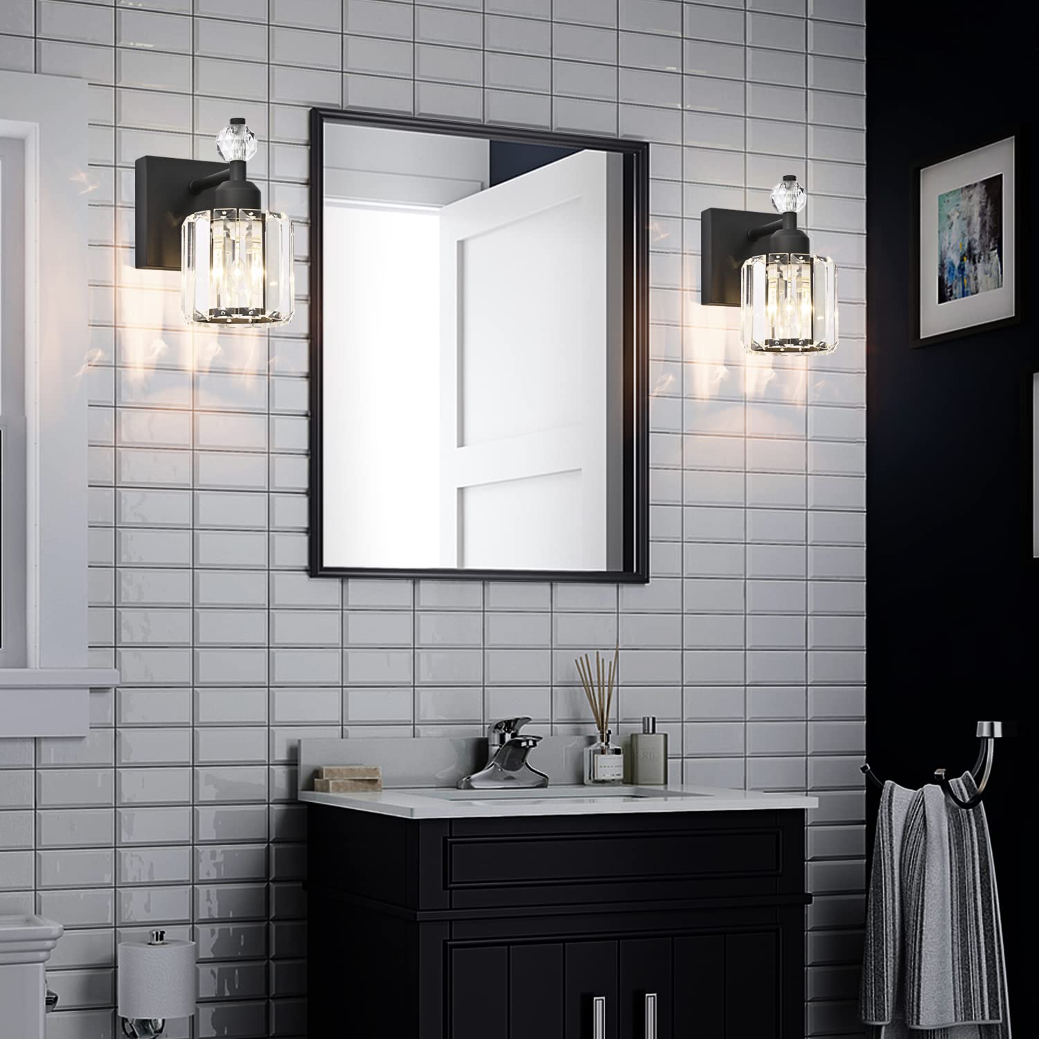 Modern Black Crystal Vanity Light Fixture - 1 Light Bathroom Wall Sconce for Mirror Lighting | Elegant Bathroom Decor for Master Bath, Powder Room & Guest Bath