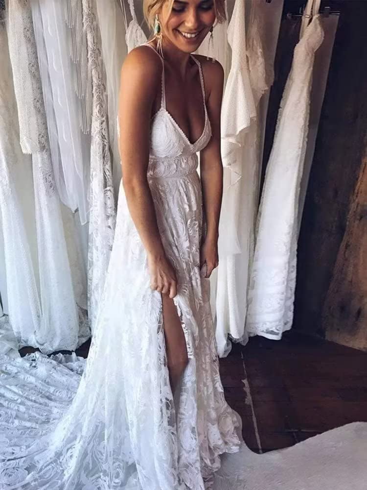 2024 White Boho Beach Wedding Dresses for Bride - Long Train Lace Bridal Gowns for Women | Perfect for Beach, Destination & Outdoor Weddings