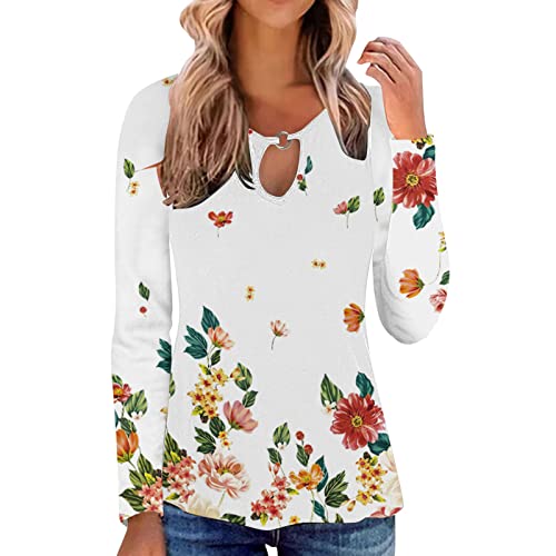 Women's Summer Casual T-Shirt - Floral Feather Print Hollow Out Long Sleeve Crew Neck Blouse (White, Large) | Perfect for Beach Vacations, Outdoor Activities & Summer Fashion