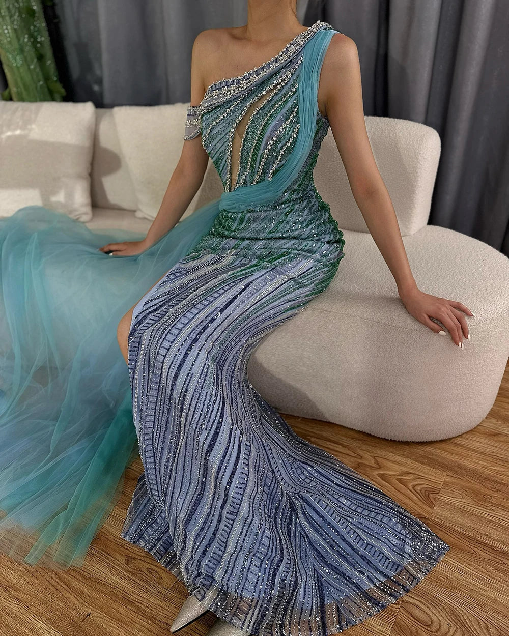 Luxury Dubai Arabic One Shoulder High Slit Blue Mermaid Gown - Beaded Saudi Evening Dress for Formal Occasions - Perfect for Weddings, Galas & Red Carpet Events LA72718