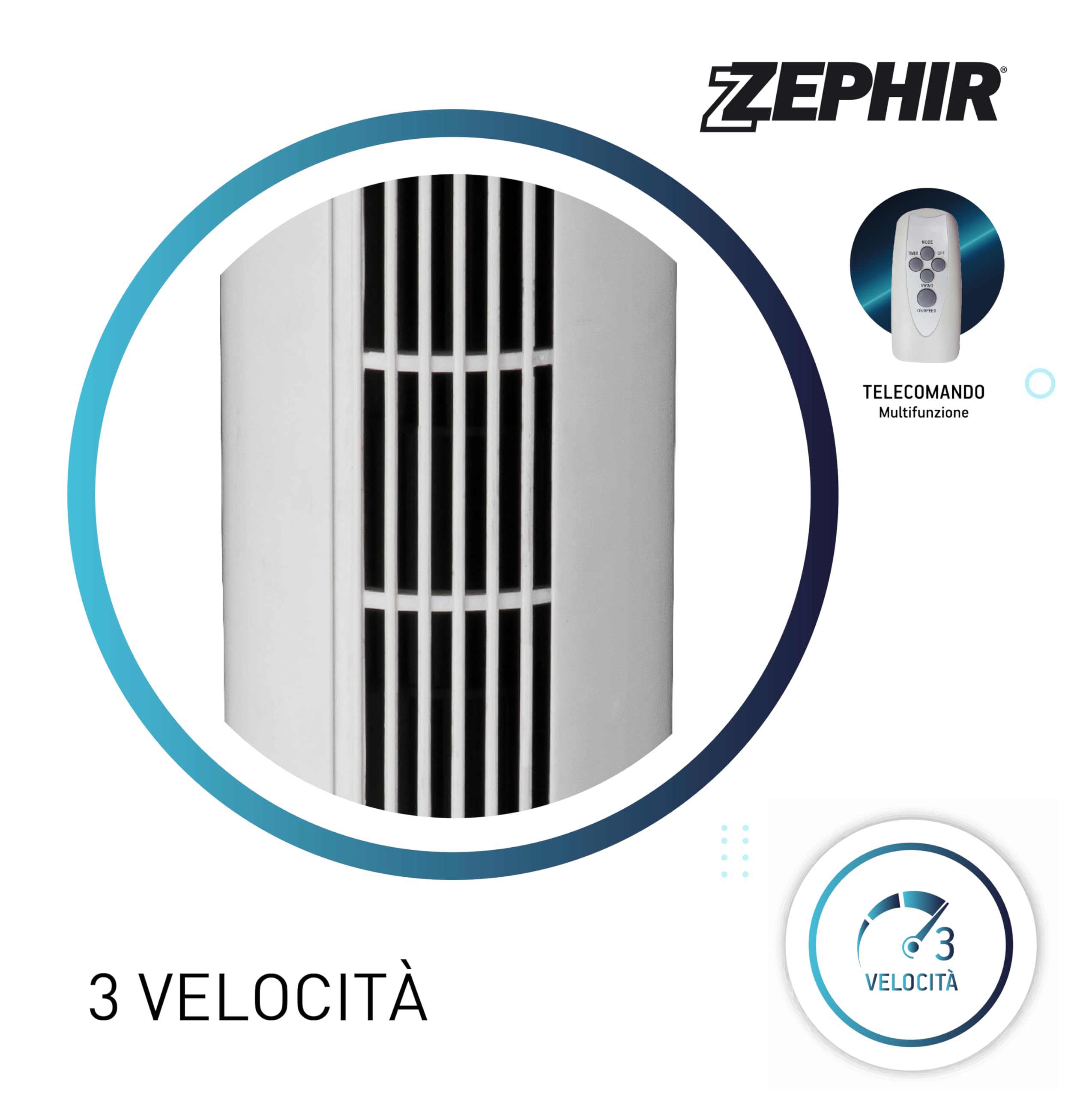 Zephir PH82TS Tower Fan with Remote Control, Timer, 45W, White - Quiet Cooling for Bedroom, Office & Living Room
