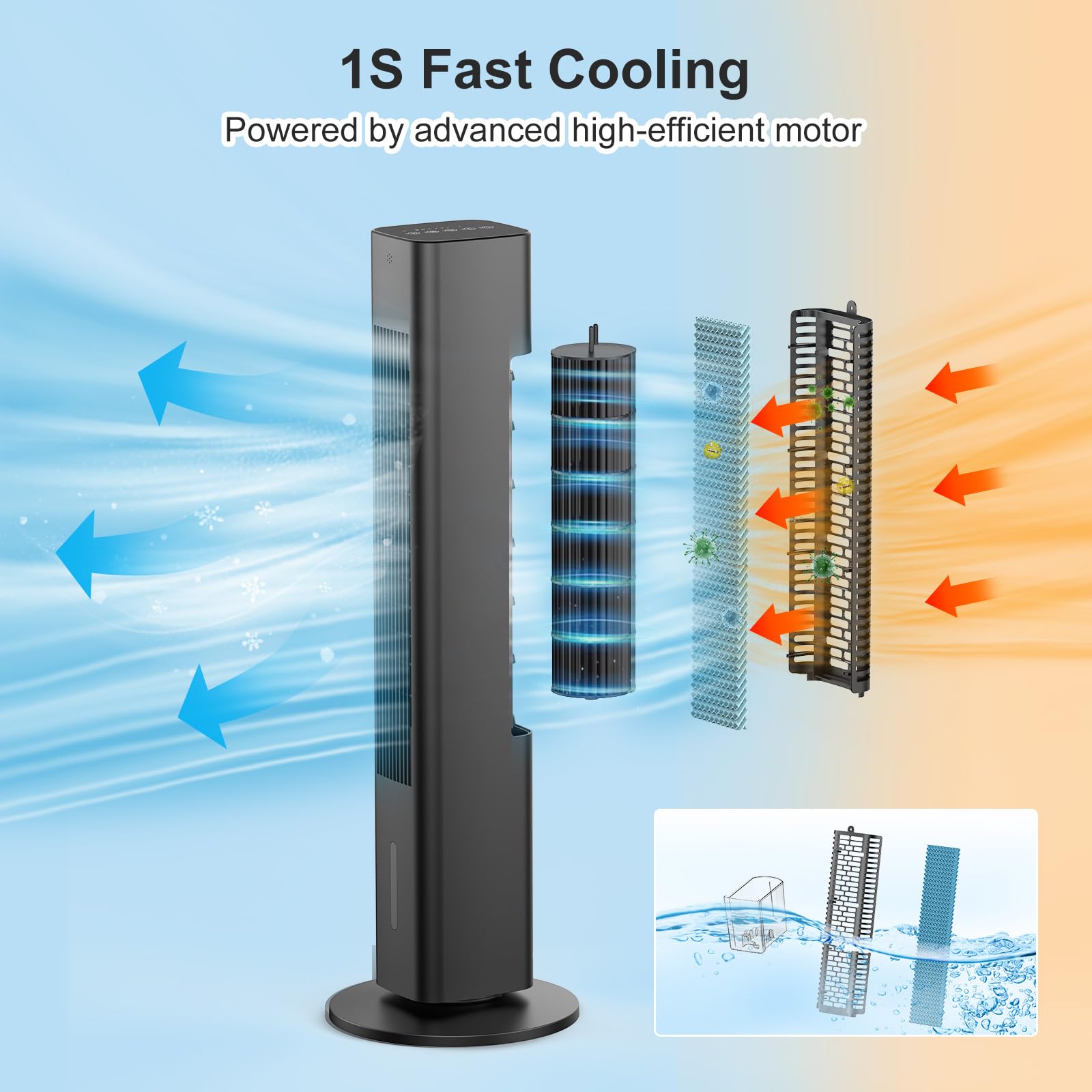Portable Air Conditioner with Remote - Windowless AC Unit, Evaporative Cooler & Humidifier, 7H Timer, Oscillating Tower Fan for Indoor & Outdoor Use - Perfect for Bedroom, Office, and Patio Cooling (Large, Black)