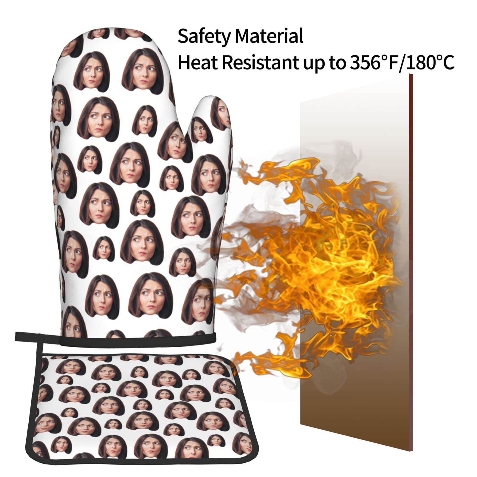 EAQ Custom Face2 Oven Mitts and Pot Holders Set - Heat Resistant 8x8 Inch Kitchen Accessories (2-Piece, Cotton Polyester Blend, Machine Washable) - Perfect for Baking, Grilling, and Cooking Protection