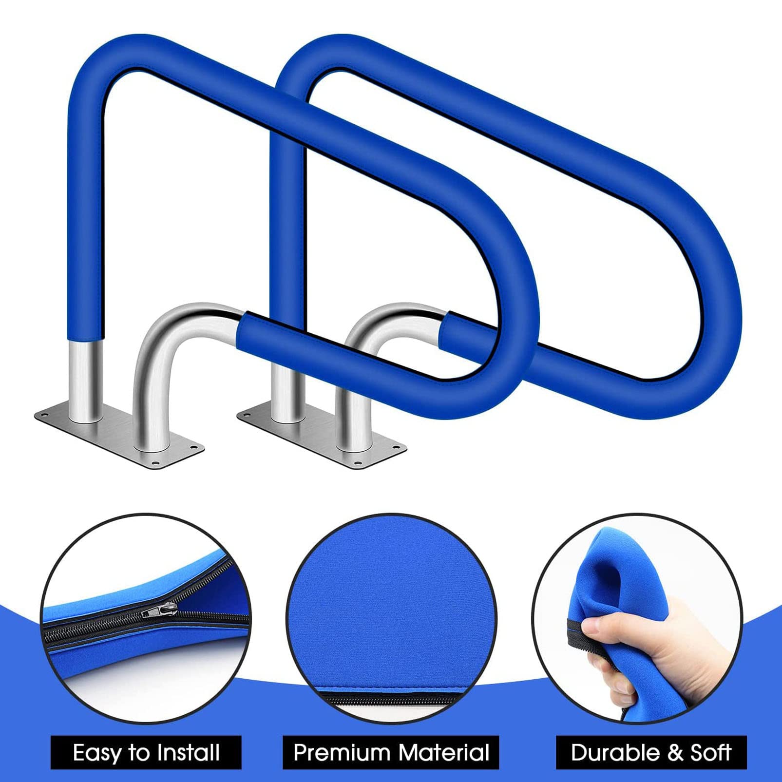 304 Stainless Steel Inground Pool Handrail with Blue Grip Cover - Rustproof Safety Railing for Swimming Pool Stairs | Durable Pool Rail with Anchors & Screws | Perfect for Pool Safety, Accessibility, and Easy Entry/Exit