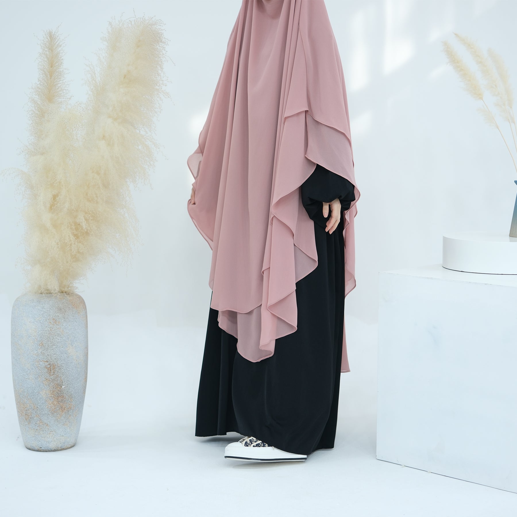 2 Layer Maxi Chiffon Khimar - Elegant Muslim Prayer Dress for Women, Pink, Lightweight & Flowy Hijab Scarf - Perfect for Prayer, Eid, Wedding & Special Occasions