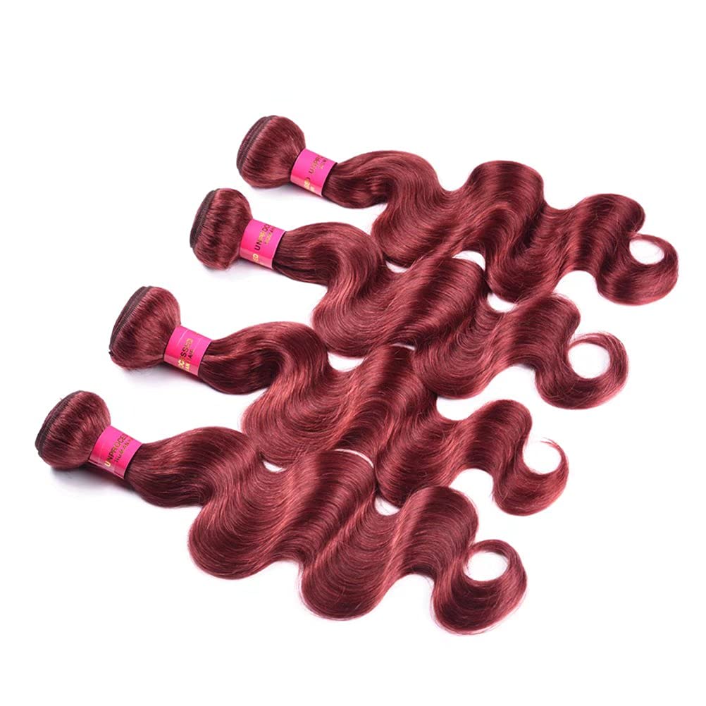 Brazilian Body Wave Virgin Human Hair Bundles - 8A Grade Soft Wine Red Hair Extensions (4 Bundles, 24