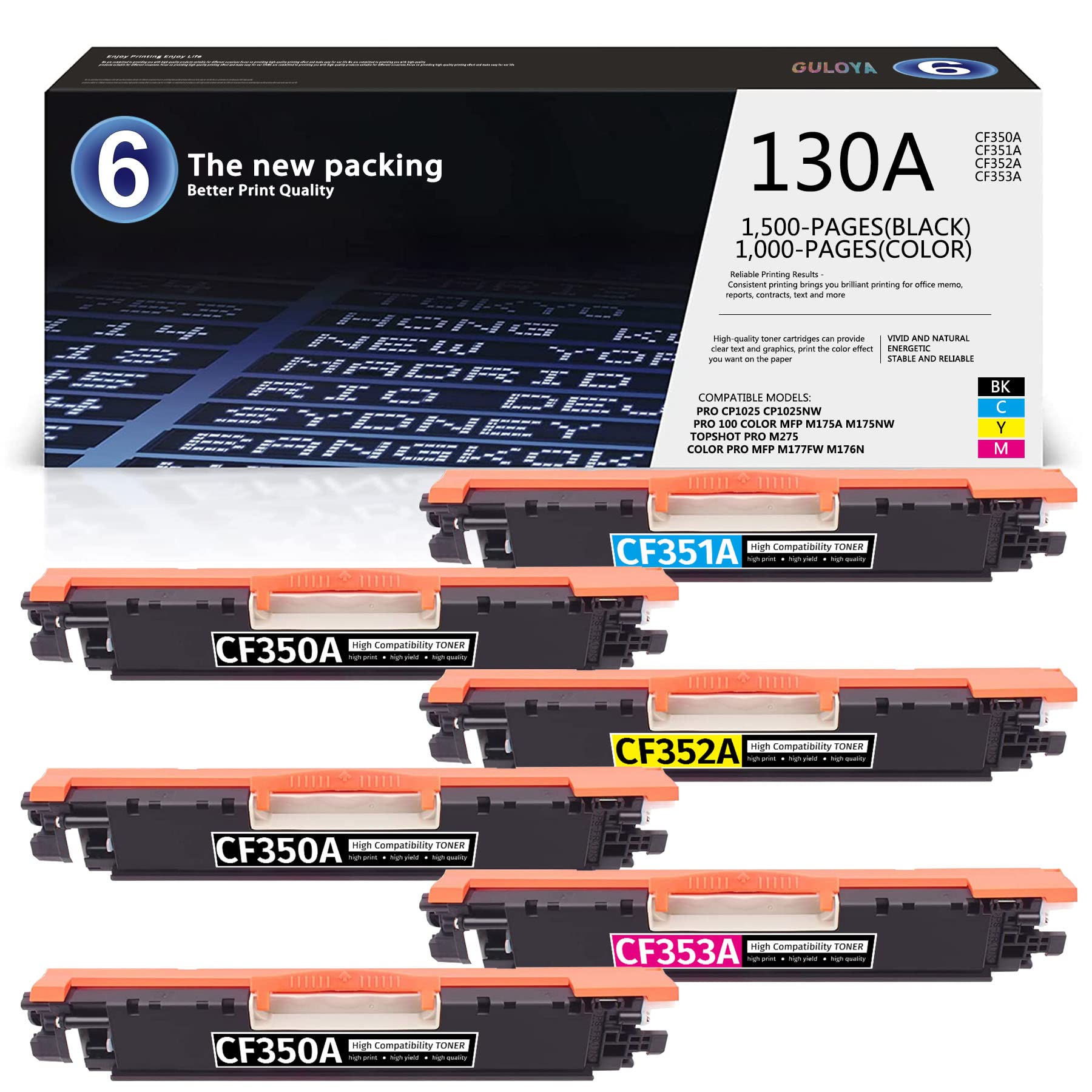 GULOYA 130A CF350A CF351A CF352A CF353A Toner Cartridge - 6-Pack Compatible Replacement for HP CP1025 CP1025nw MFP M175a M175nw M275 M177fw M176n Printers (3 Black, 1 Cyan, 1 Magenta, 1 Yellow) - Perfect for Home & Office Printing Needs