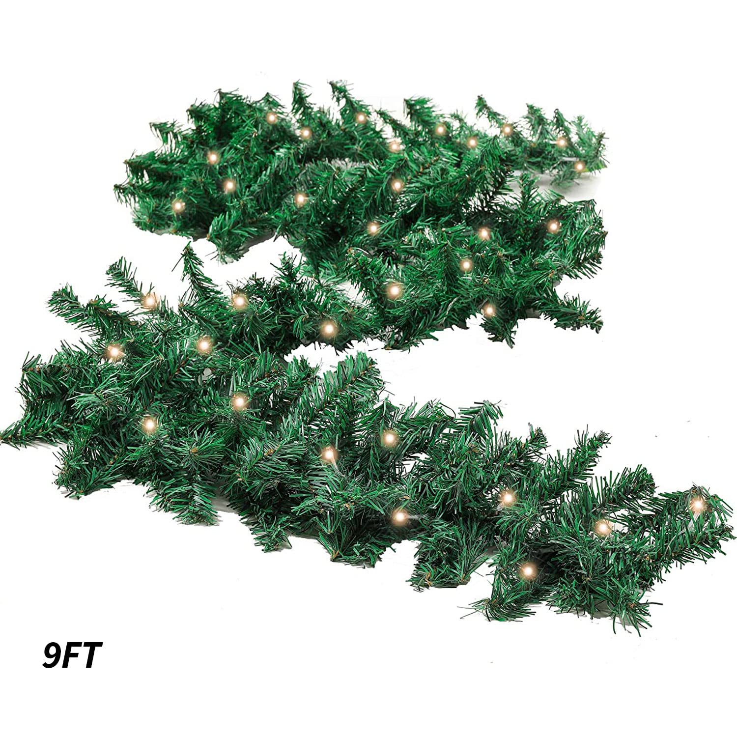 9 ft Pre-Lit Christmas Pine Garland with 50 Warm White LED Lights - Battery Operated with Timer for Outdoor Holiday Decorations - Perfect for Doorways, Mantels, and Staircase Decor