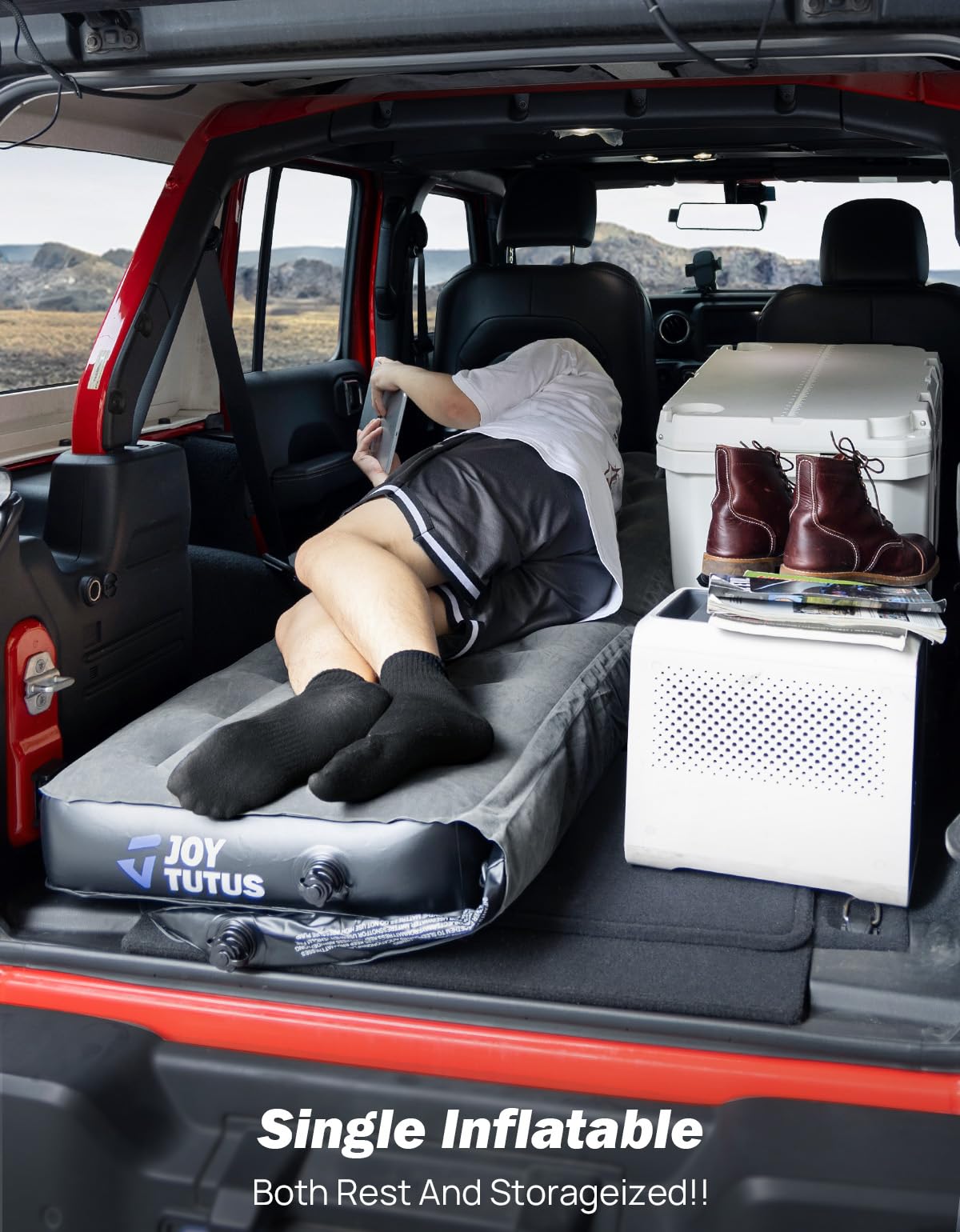 JOYTUTUS SUV Air Mattress for Camping - Inflatable Car Mattress with Built-in Air Pump, Fits 2018-2025 Jeep Wrangler JL 4-Door & Ford Bronco (Excludes 4XE) - Includes 2 Pillows, Dark Grey - Perfect for Road Trips, Outdoor Adventures & Car Camping