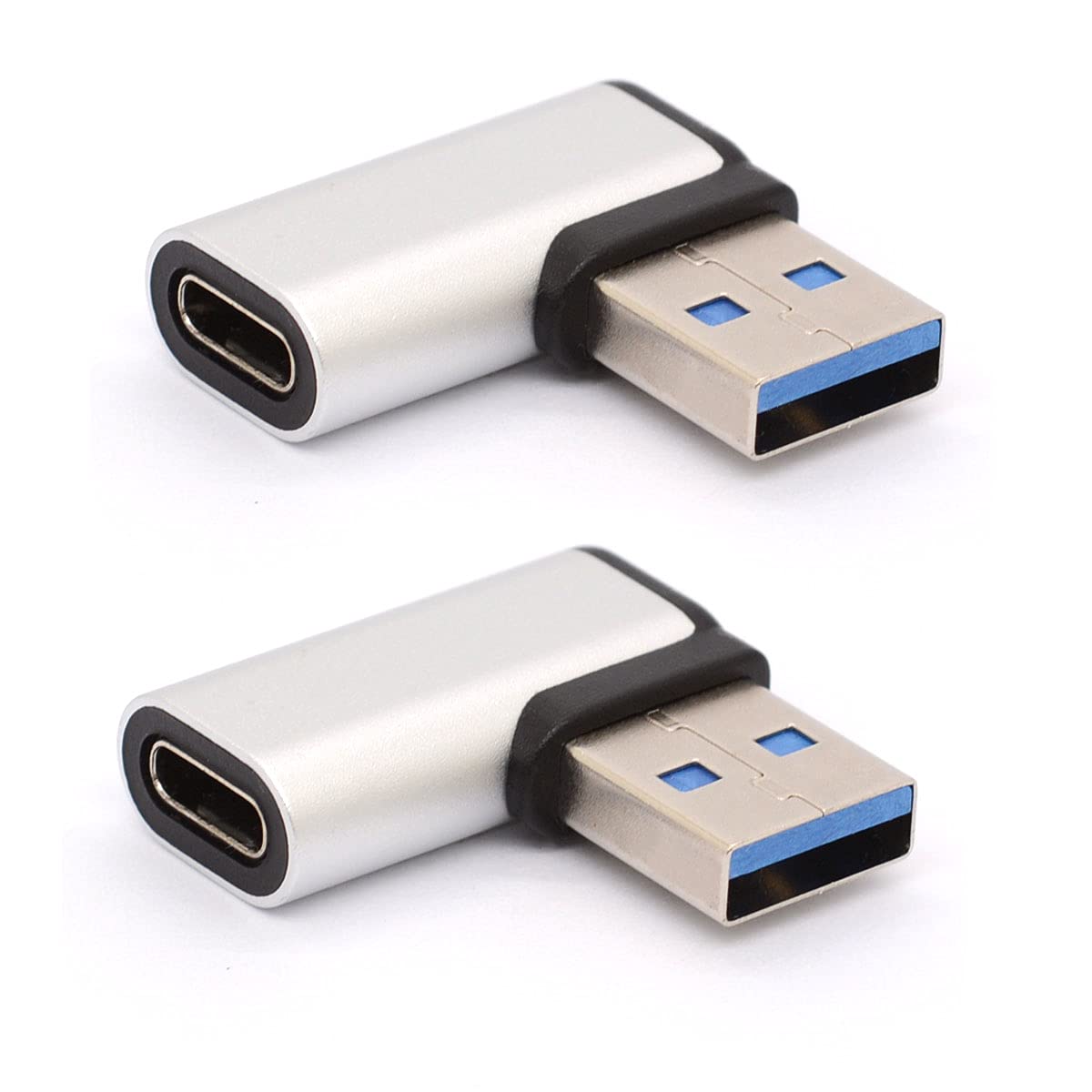 Tomost 90 Degree Left Angled USB C to USB 3.0 Adapter (2 Pack) - USB Type C Female to USB A Male Converter for Laptops, Phones, Tablets - Perfect for Tight Spaces & Cable Management (Silver)