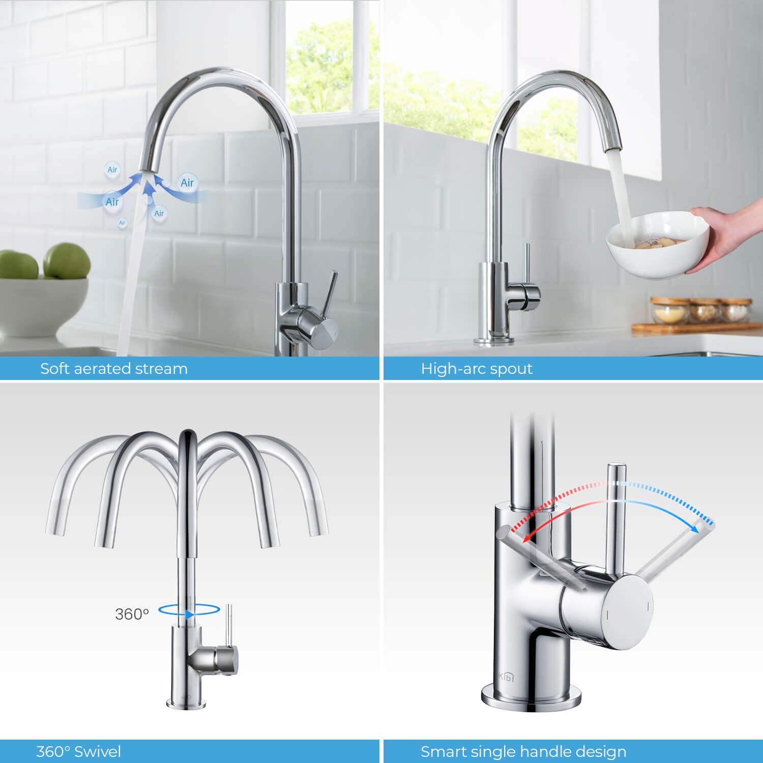 KIBI KKF2001 High Arc Single Hole Kitchen Faucet - 360° Swivel Spout, Chrome Finish, Rust & Corrosion Resistant | Perfect for Modern Kitchens, Bar Sinks & Small Spaces
