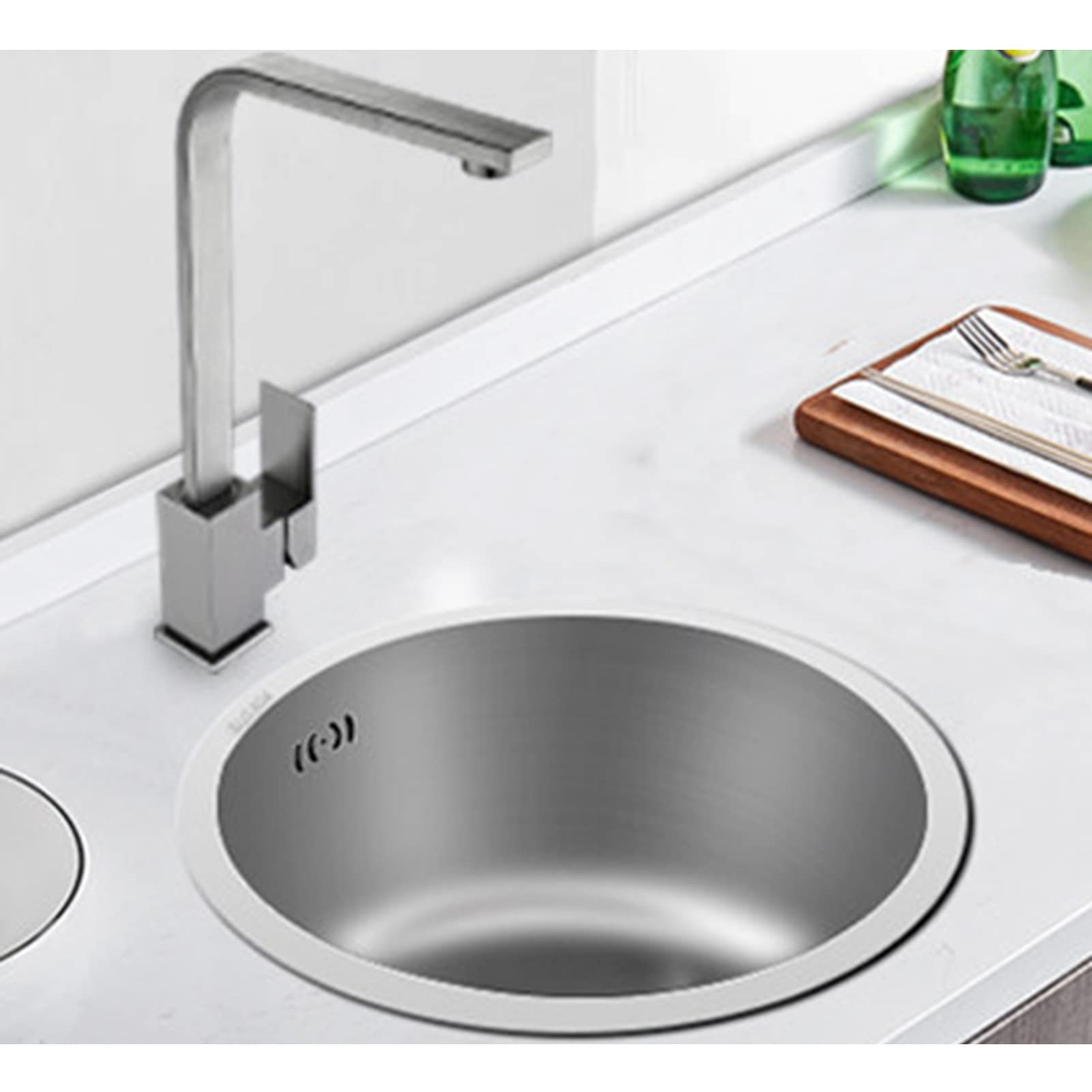 Premium SUS304 Stainless Steel Kitchen Bar Sink with Faucet - Round Silver Drop-in or Undermount Single Bowl Sink (30x16cm) - Easy to Clean & Durable for Home, Restaurant, or Commercial Use