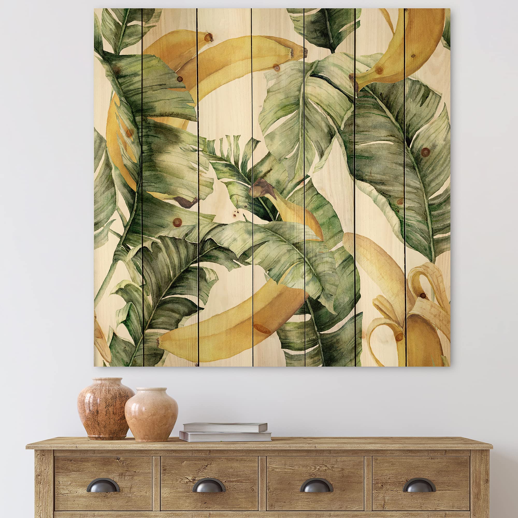 DesignQ Ripe Bananas with Leaves Wood Wall Art - Coastal & Nautical Decor, Large Floral Pine Wood Wall Panels for Living Room, Bedroom, Kitchen & Office Decoration