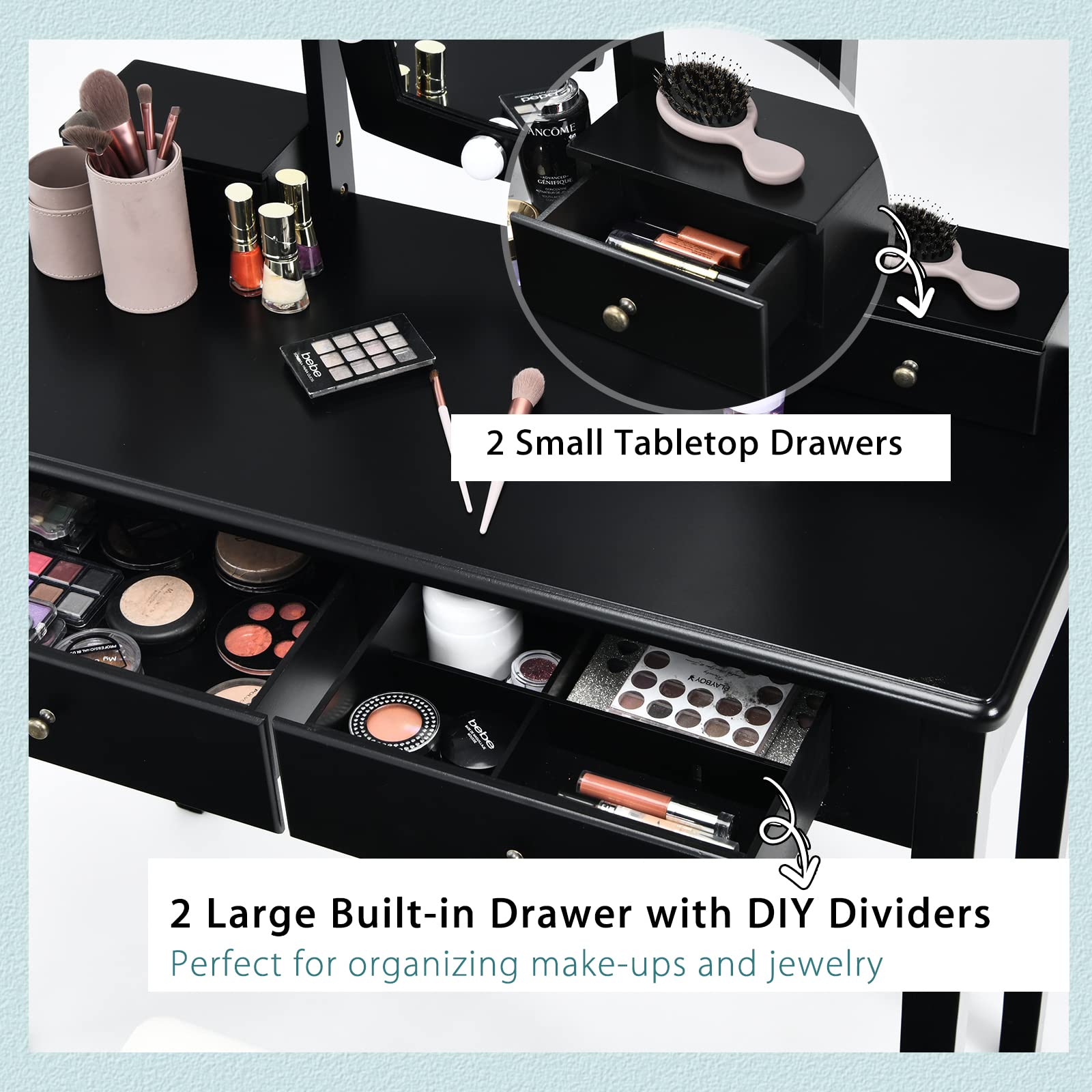 Charmaid Girls Makeup Vanity Desk with LED Mirror Lights - 10 Bulbs, 3 Lighting Modes, 4 Storage Drawers & Stool - Modern Dressing Table for Bedroom, Teen Room & Beauty Salon (Black)