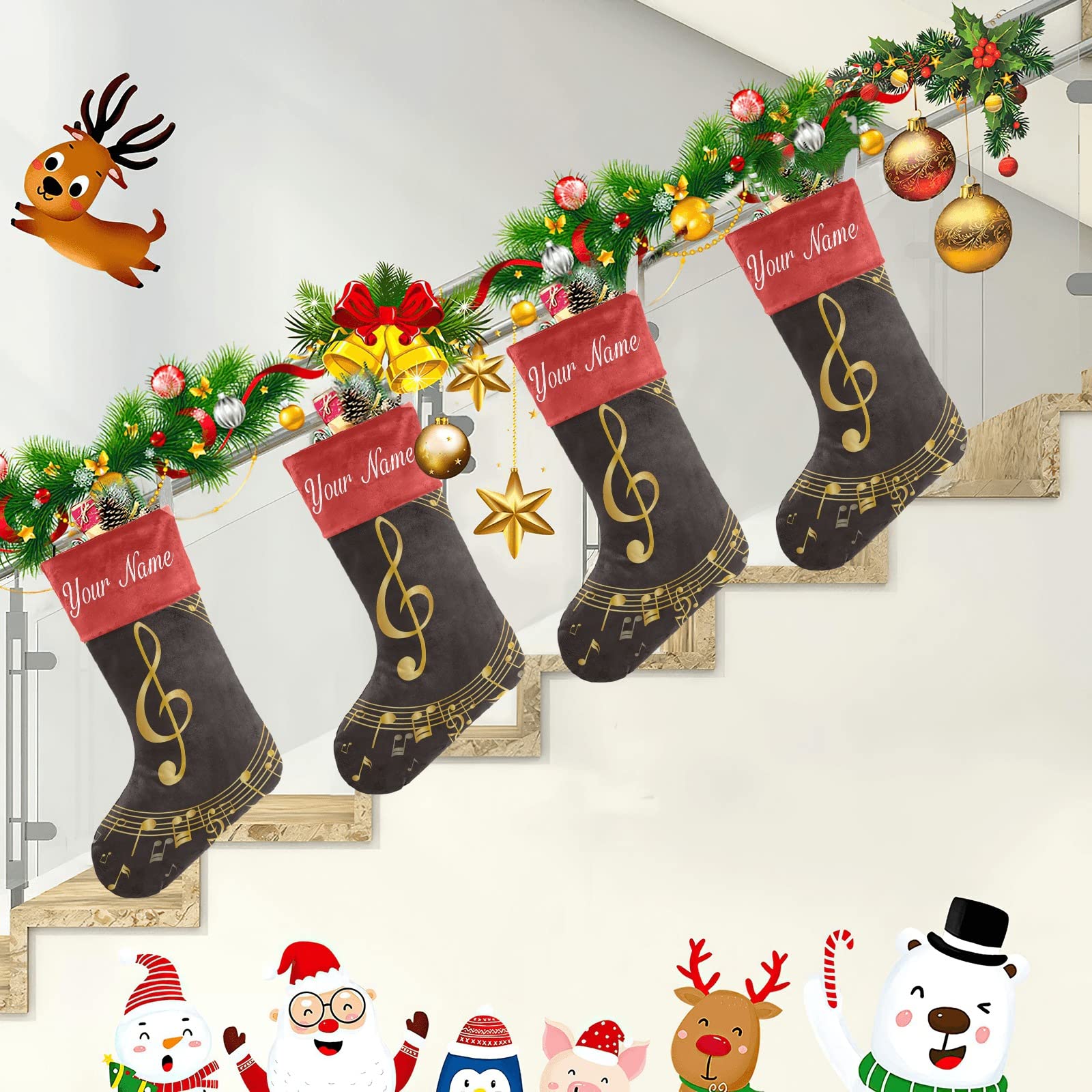 Custom Golden Music Note Christmas Stockings - Personalized Name Holiday Socks for Family Party Decor (17.52 x 7.87 Inch) - Perfect for Fireplace Mantel, Gift Exchange & Festive Home Decor