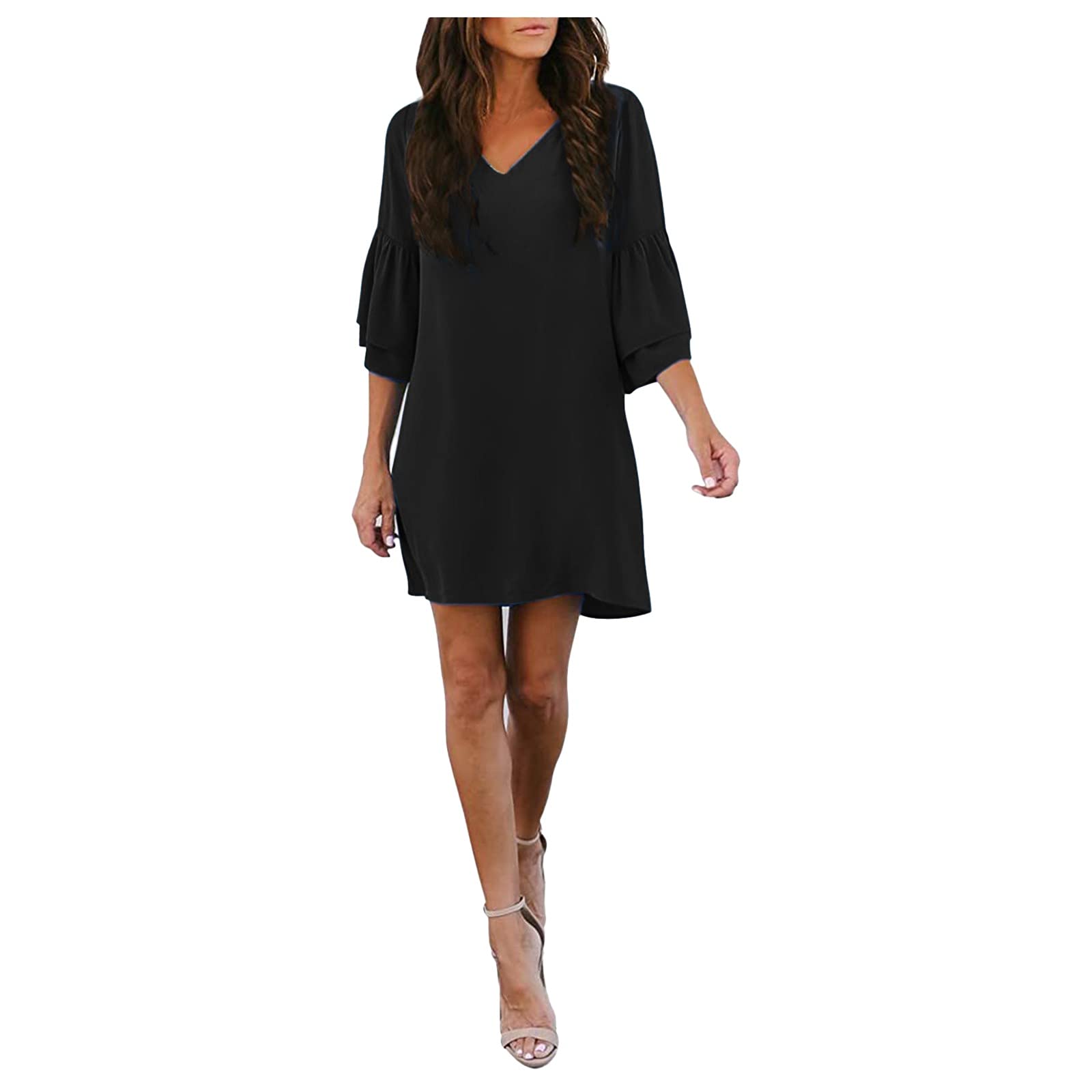 Women's Solid Color Midi Dress - Summer V-Neck Casual Loose Flowy Swing Shift Dress in Black | Perfect for Beach Outings, Date Nights & Office Wear